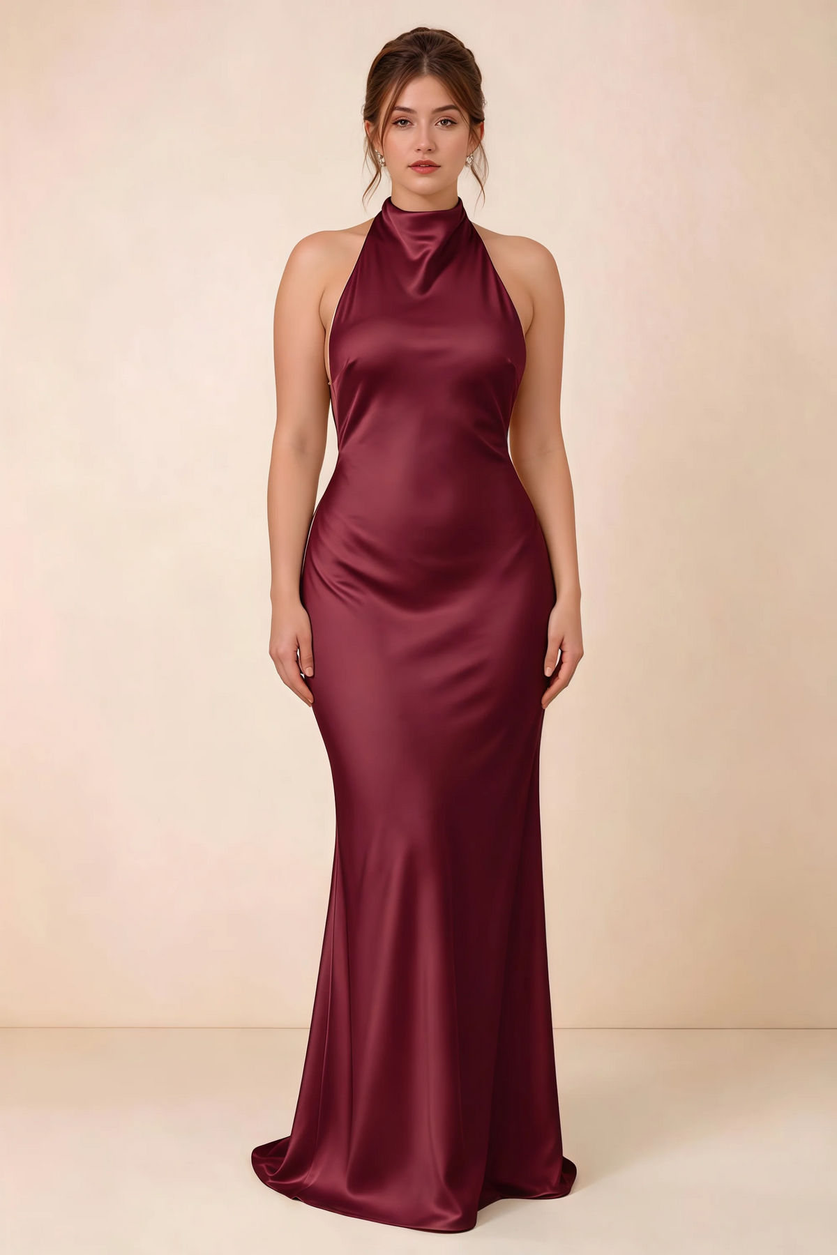 Full-length front view of the Astrid burgundy satin maxi dress, highlighting the body-skimming fit and gently flared hem.