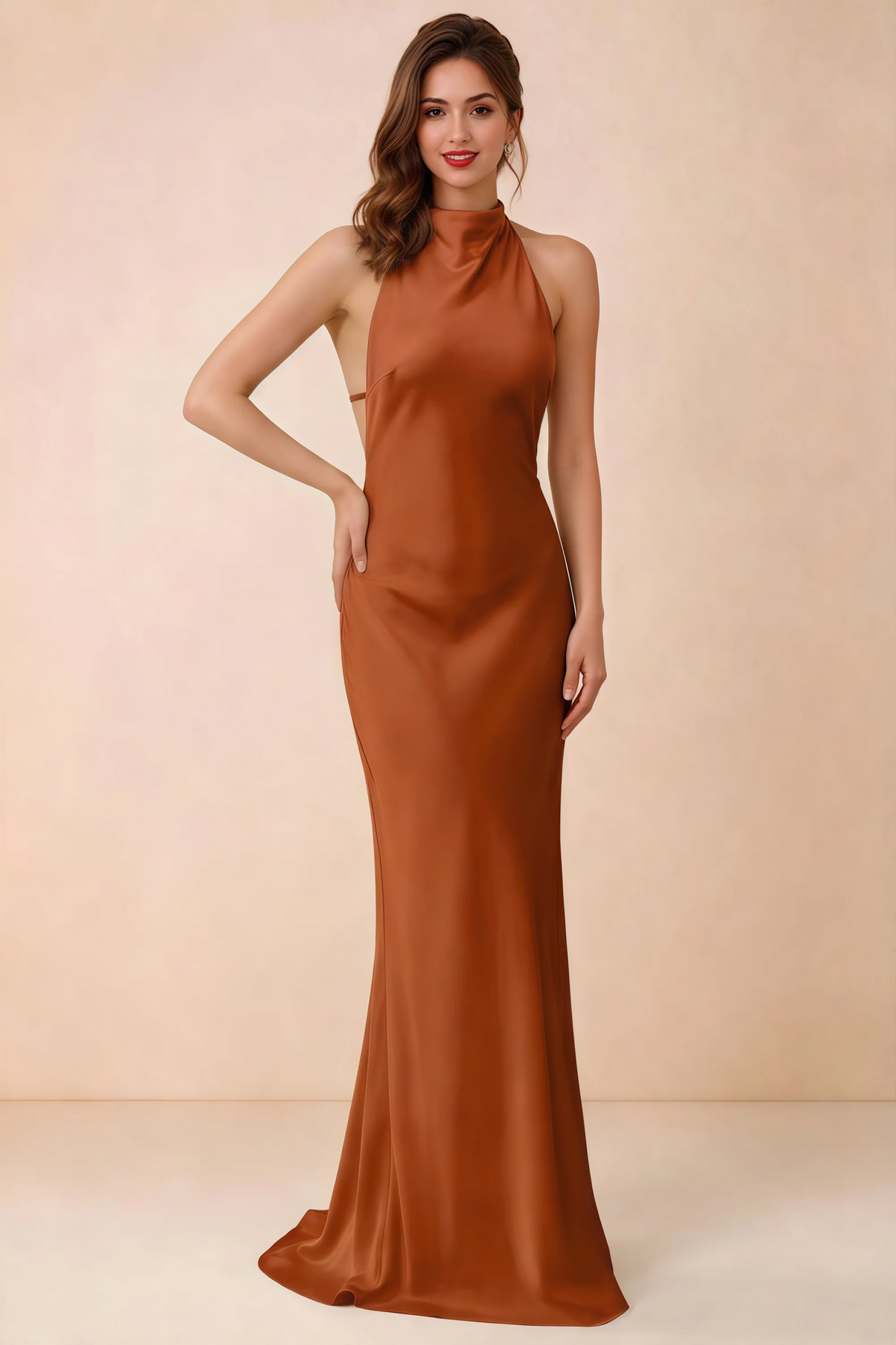 Front view of the Astrid burnt orange satin maxi dress, highlighting the high halter neckline and floor-length silhouette.