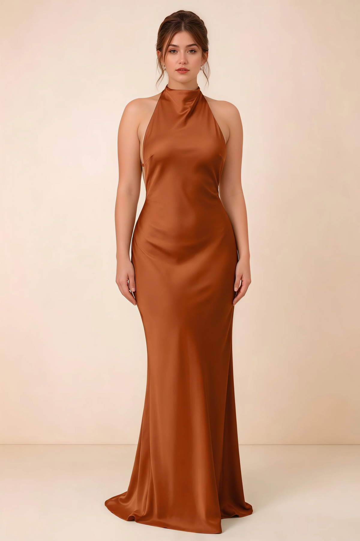 Full-length front view of the Astrid burnt orange satin maxi dress, highlighting the body-skimming fit and gently flared hem.