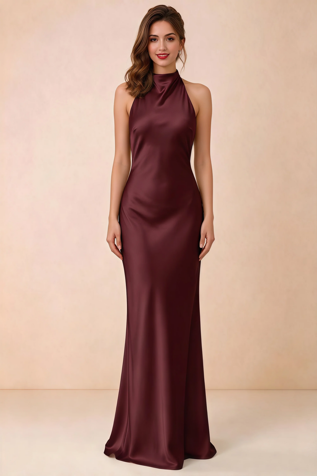 Front view of the Astrid cabernet satin maxi dress, highlighting the high halter neckline and floor-length silhouette.