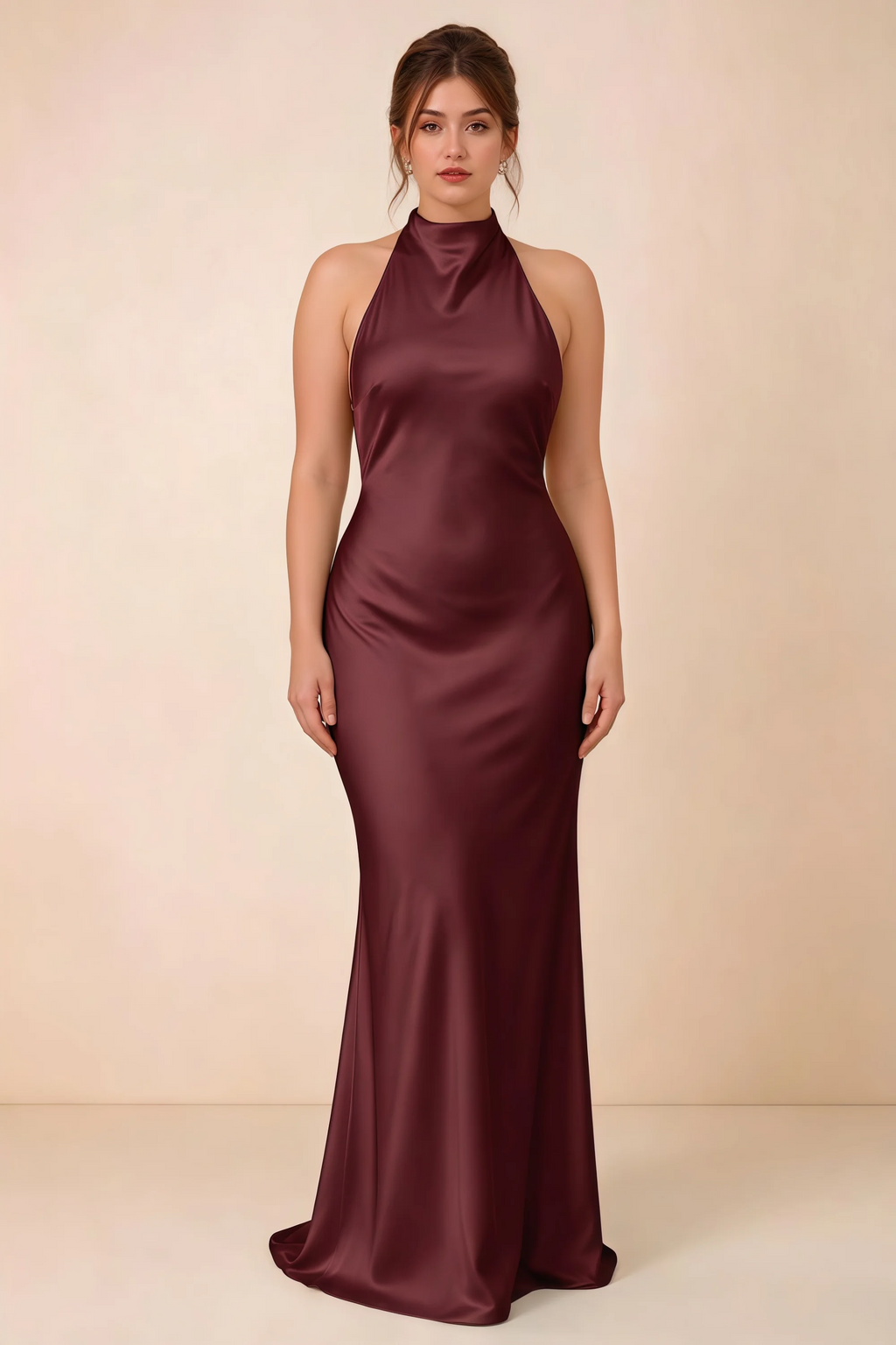Full-length front view of the Astrid cabernet satin maxi dress, highlighting the body-skimming fit and gently flared hem.