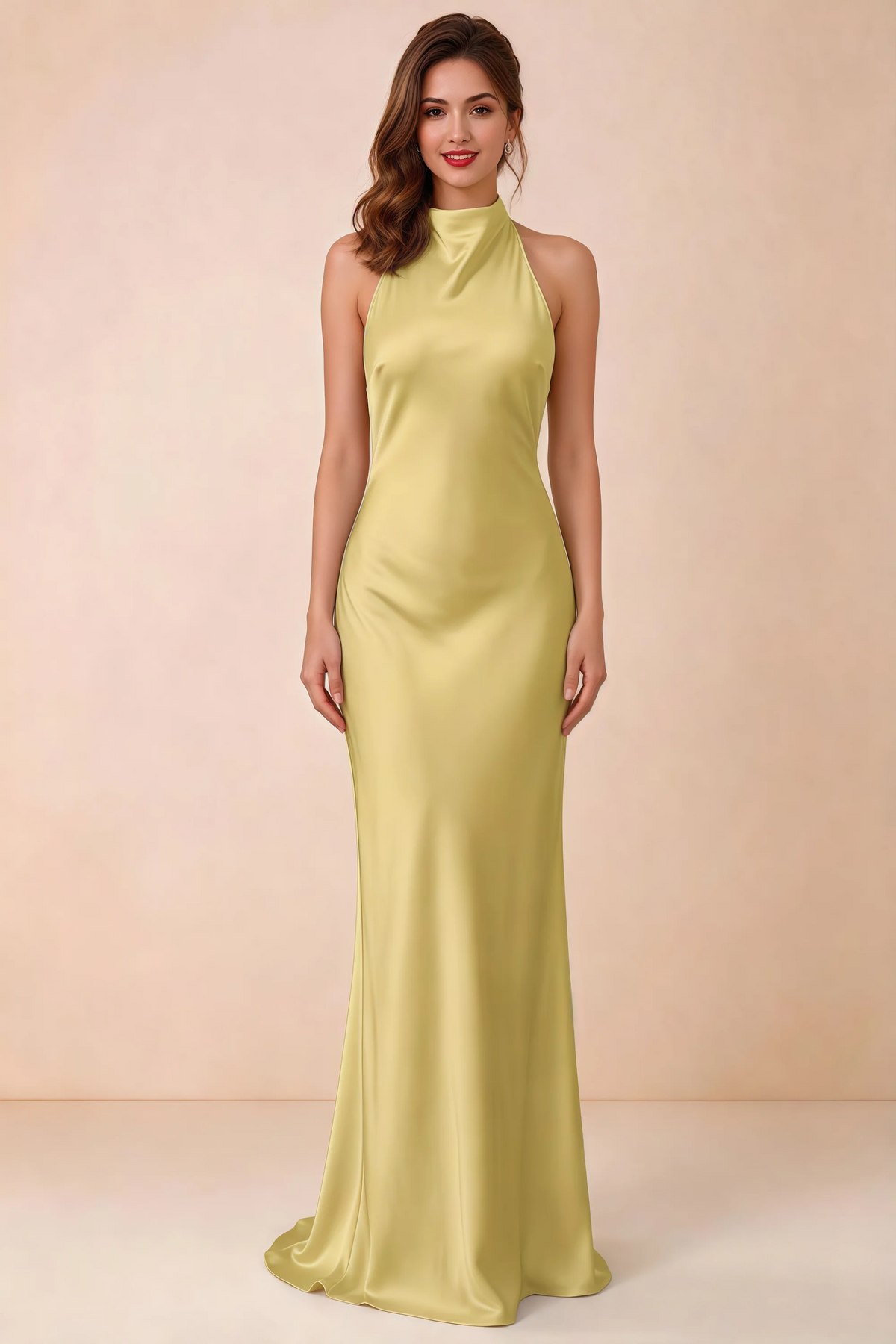 Front view of the Astrid canary satin maxi dress, highlighting the high halter neckline and floor-length silhouette.