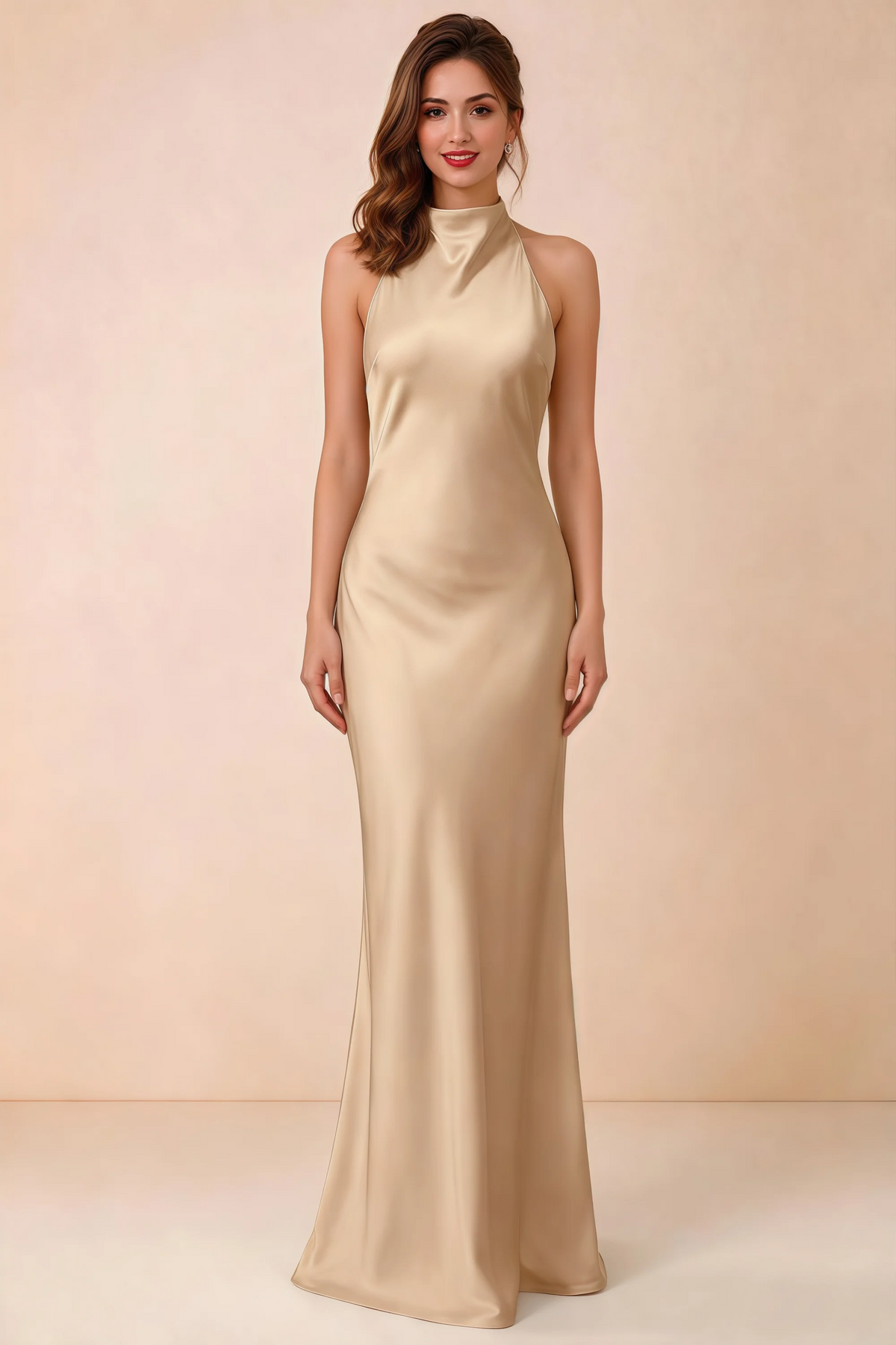 Front view of Astrid champagne satin halter maxi dress, showing the neckline and skirt.
