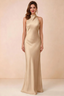 Front view of Astrid champagne satin halter maxi dress, showing the neckline and skirt.