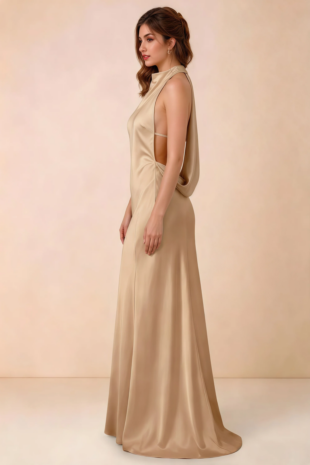 Side view of Astrid champagne satin halter maxi dress, showing the side silhouette.