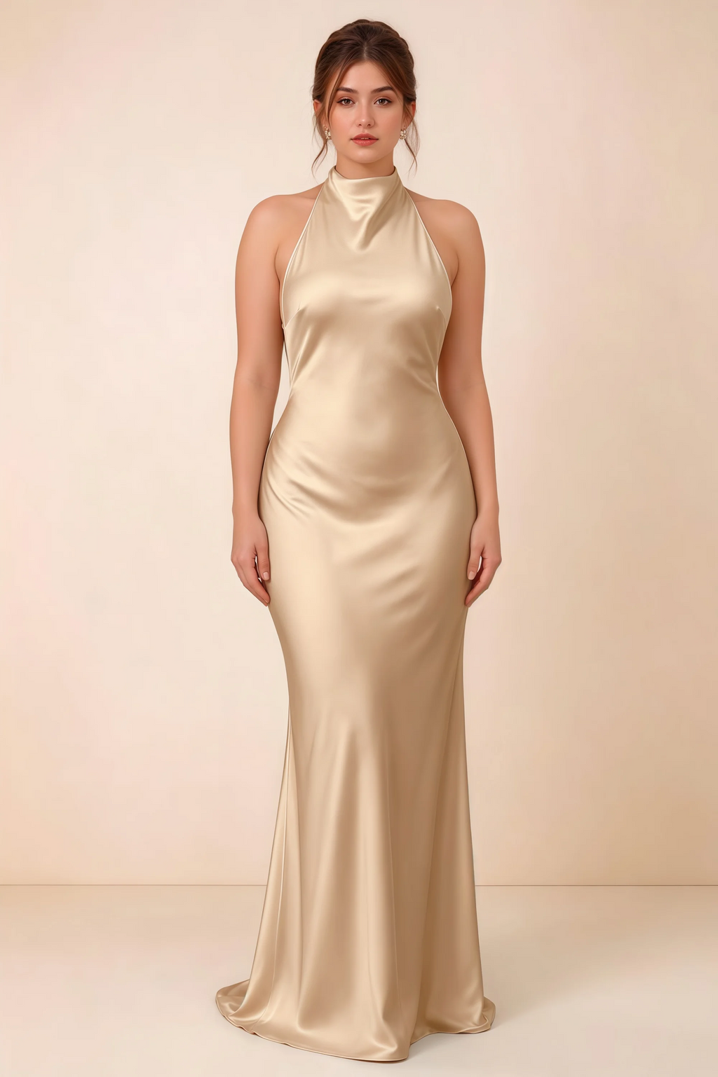 Front full-length view of Astrid champagne satin halter maxi dress, showing the maxi hem.