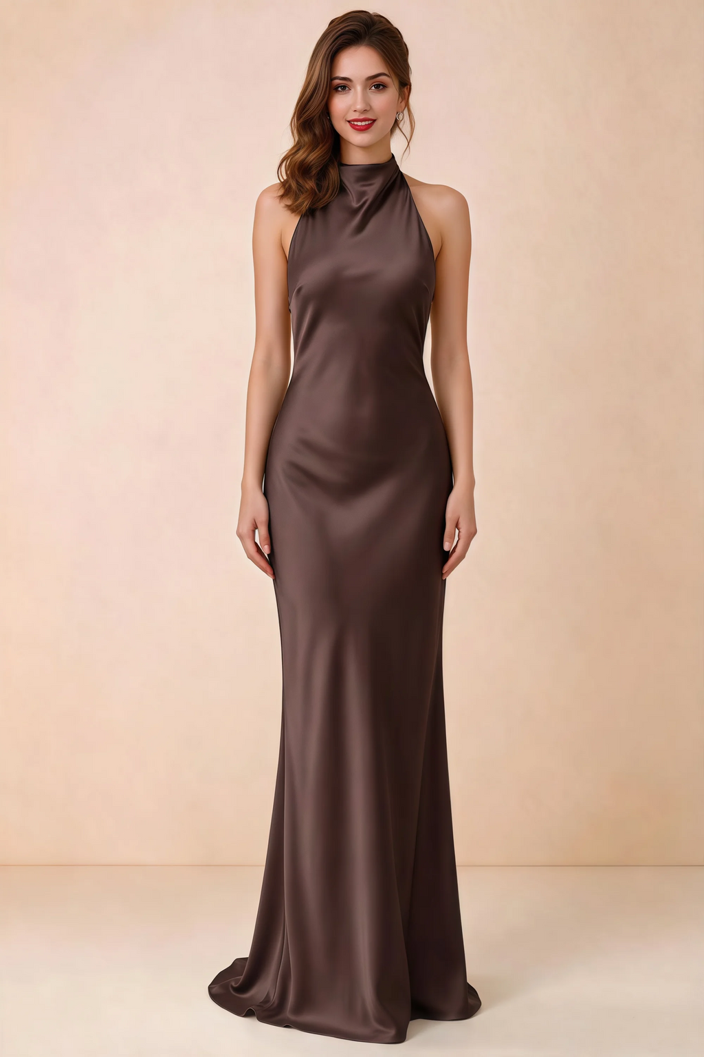 Front view of Astrid chocolate brown satin halter maxi dress, showing the neckline and skirt.