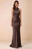 Front view of Astrid chocolate brown satin halter maxi dress, showing the neckline and skirt.