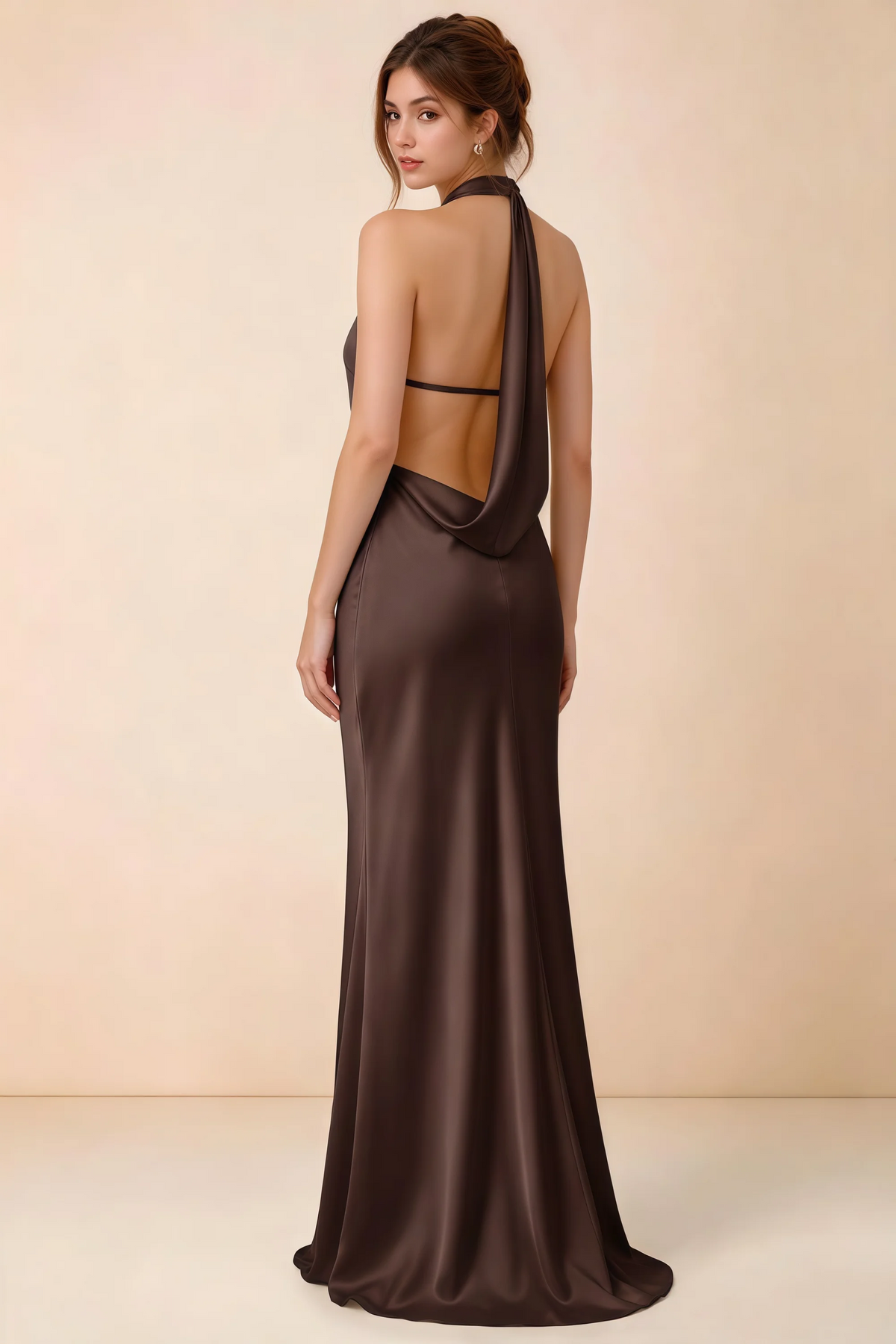 Back view of Astrid chocolate brown satin halter maxi dress, highlighting the open draped back.