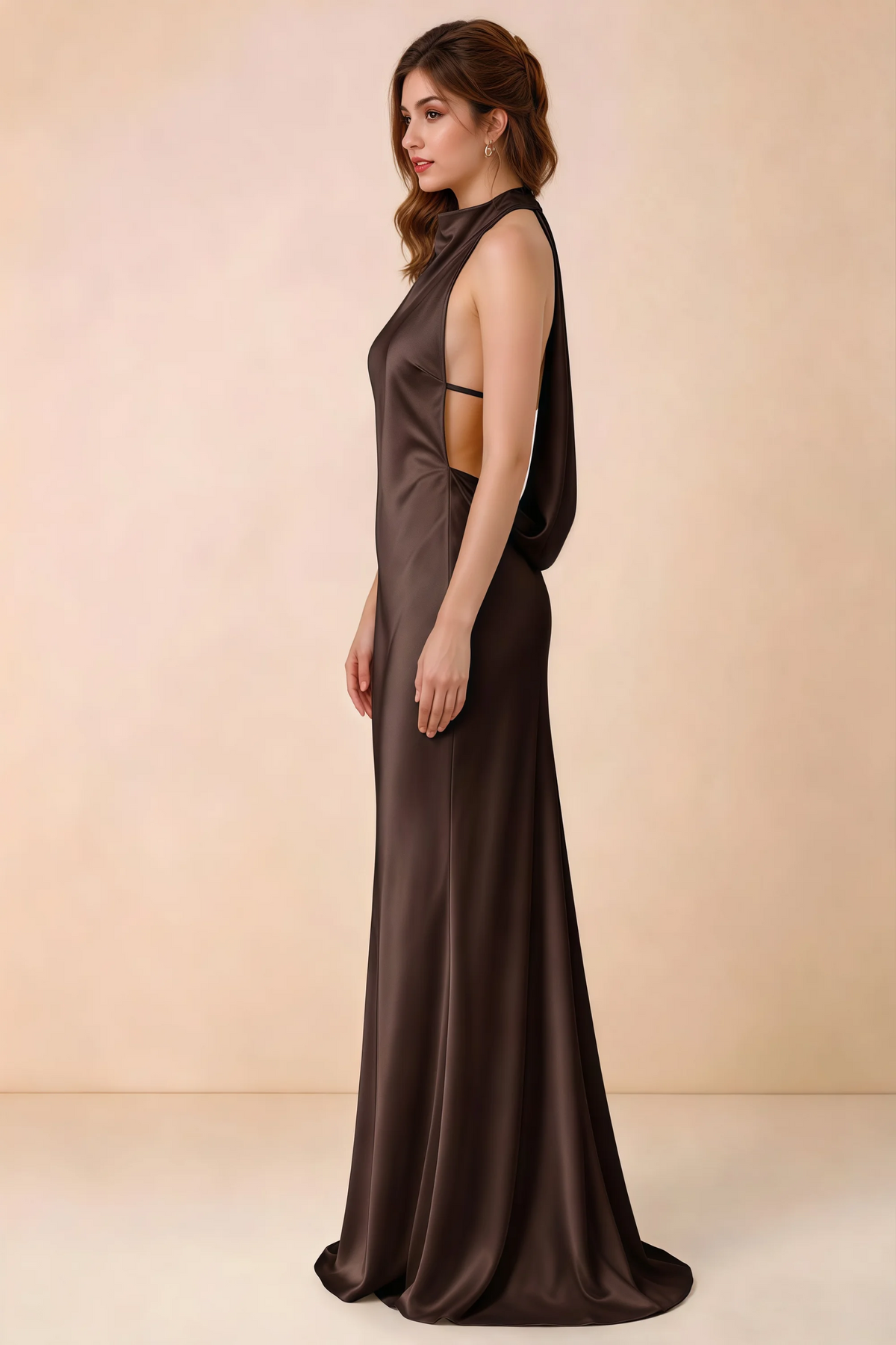 Side view of Astrid chocolate brown satin halter maxi dress, showing the side silhouette.