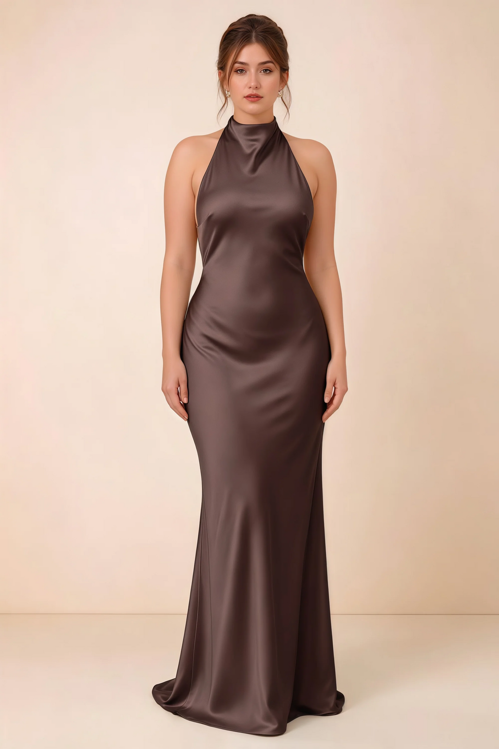 Front full-length view of Astrid chocolate brown satin halter maxi dress, showing the maxi hem.