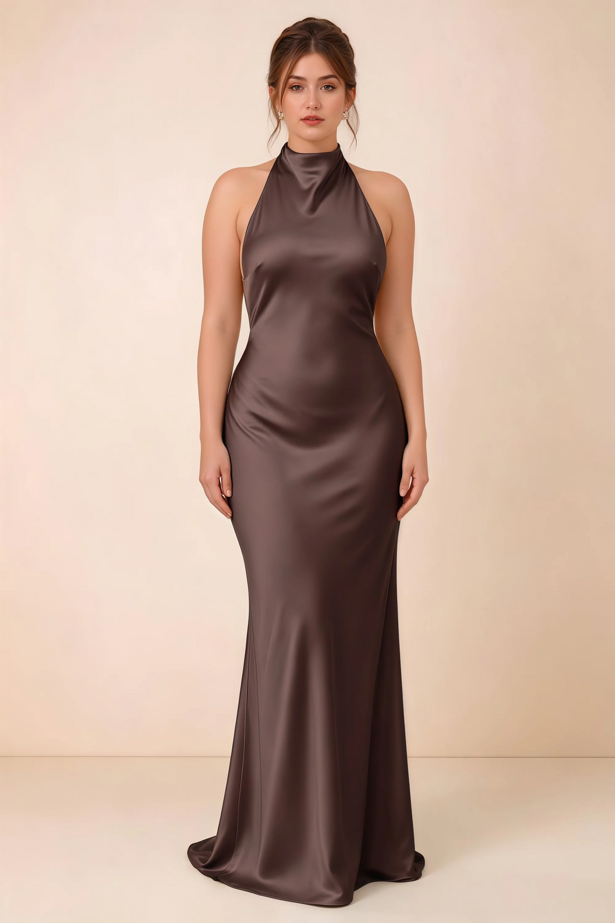 Front full-length view of Astrid chocolate brown satin halter maxi dress, showing the maxi hem.
