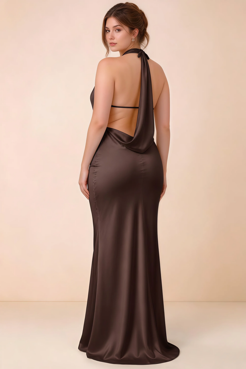 Three-quarter rear view of Astrid chocolate brown satin halter maxi dress, showing the cowl back.