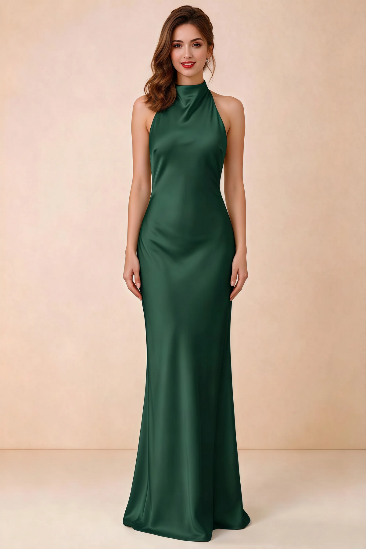 Front view of Astrid dark green satin halter maxi dress, showing the neckline and skirt.