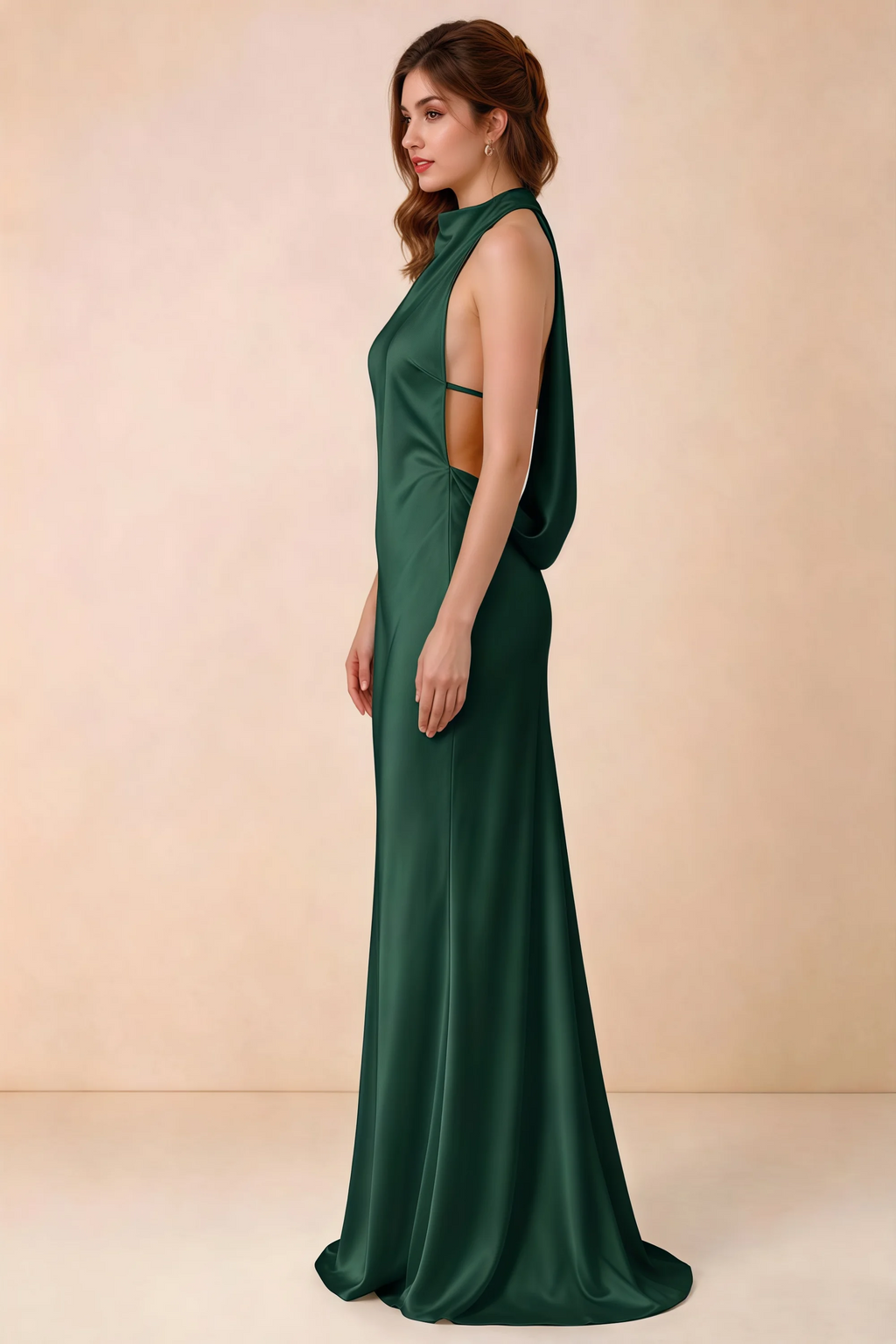 Side view of Astrid dark green satin halter maxi dress, showing the side silhouette.