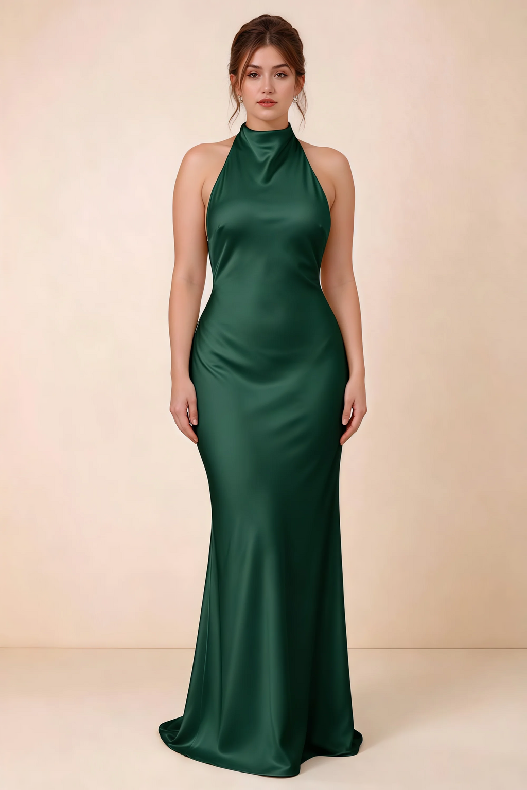 Front full-length view of Astrid dark green satin halter maxi dress, showing the maxi hem.