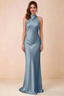 Front view of Astrid dusty blue satin halter maxi dress, showing the neckline and skirt.