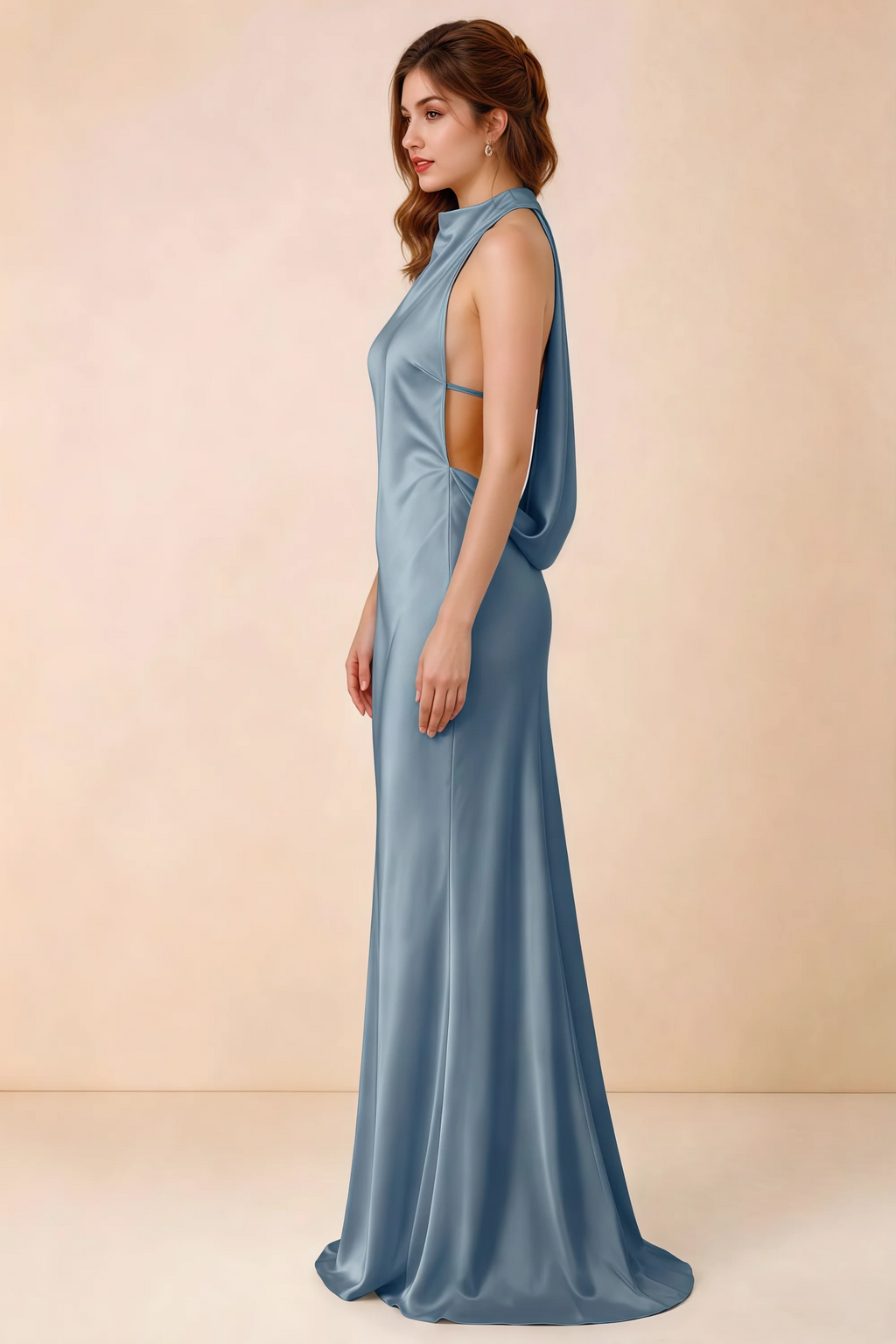 Side view of Astrid dusty blue satin halter maxi dress, showing the side silhouette.