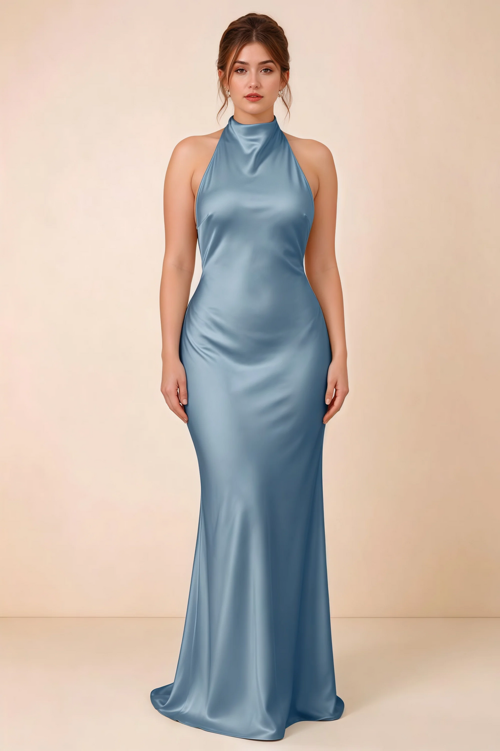 Front full-length view of Astrid dusty blue satin halter maxi dress, showing the maxi hem.