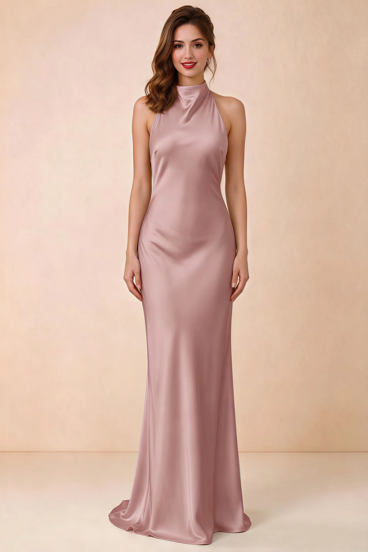 Front view of Astrid dusty rose satin halter maxi dress, showing the neckline and skirt.