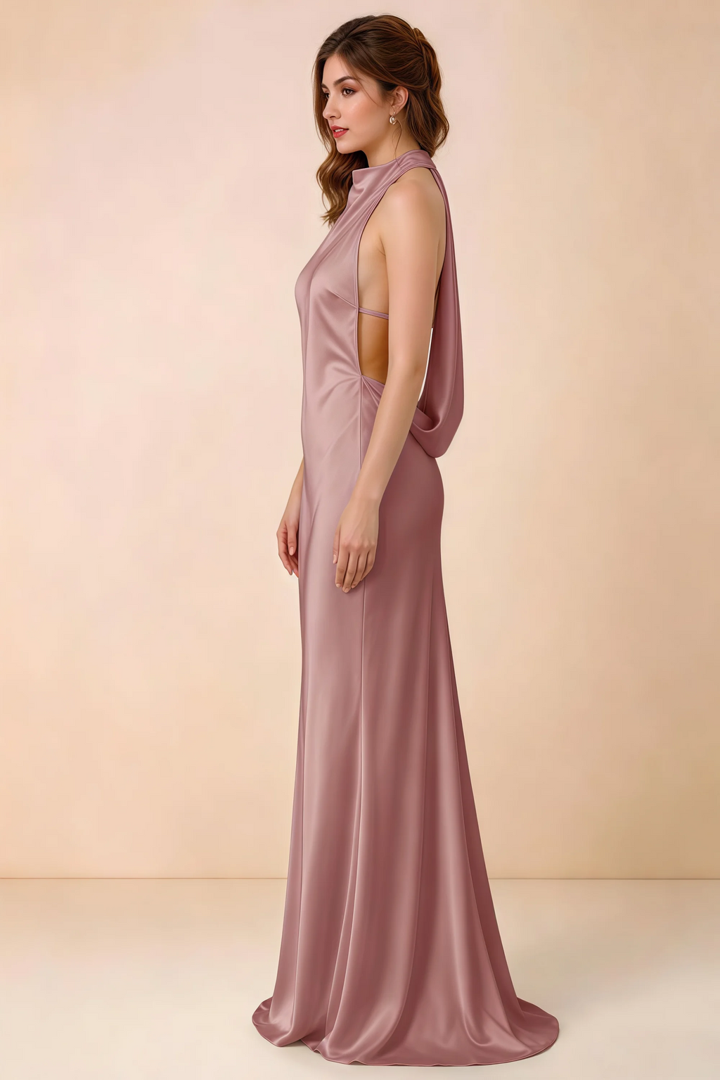 Side view of Astrid dusty rose satin halter maxi dress, showing the side silhouette.