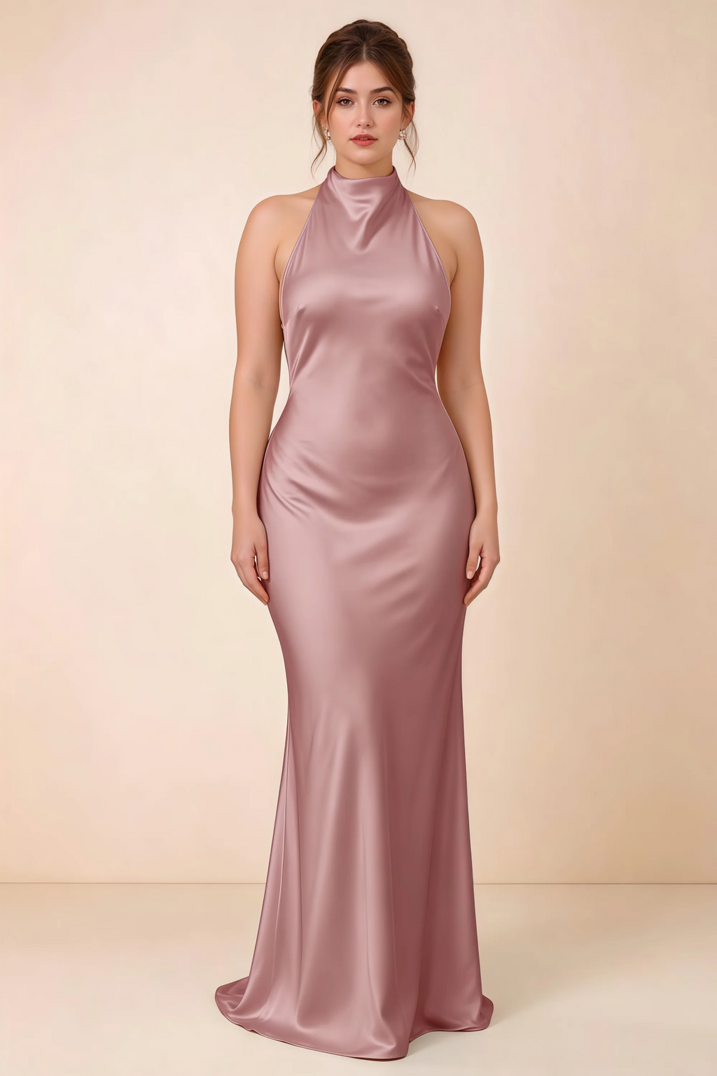 Front full-length view of Astrid dusty rose satin halter maxi dress, showing the maxi hem.