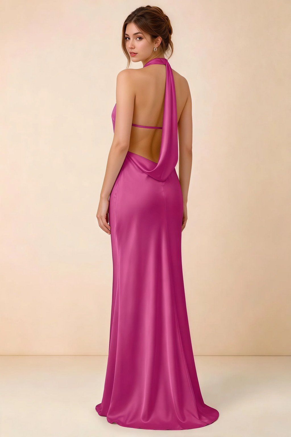 Back view of Astrid fuchsia satin halter maxi dress, highlighting the open draped back.