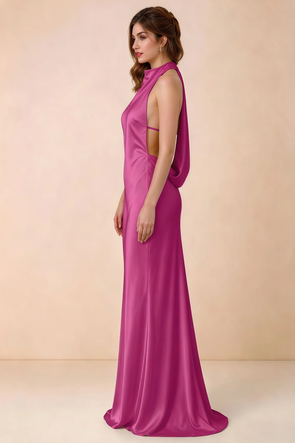 Side view of Astrid fuchsia satin halter maxi dress, showing the side silhouette.
