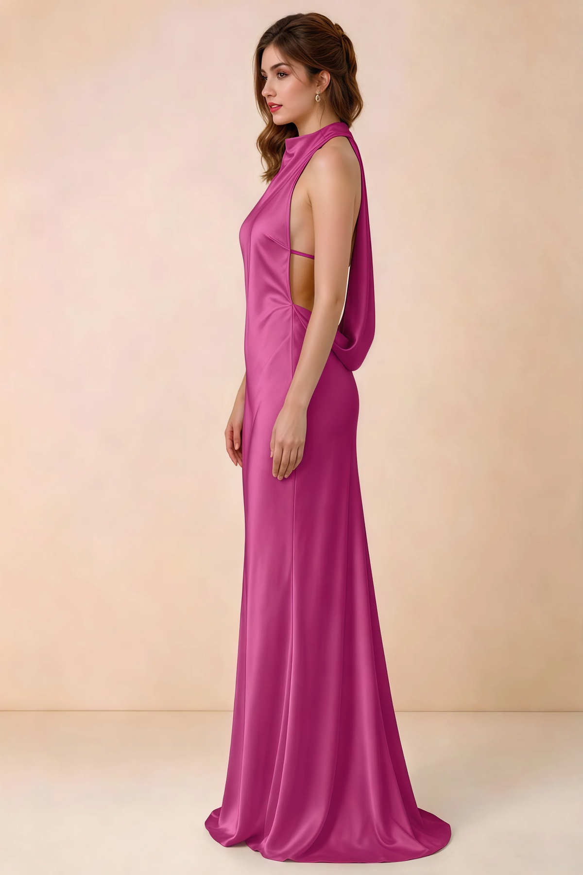 Side view of Astrid fuchsia satin halter maxi dress, showing the side silhouette.