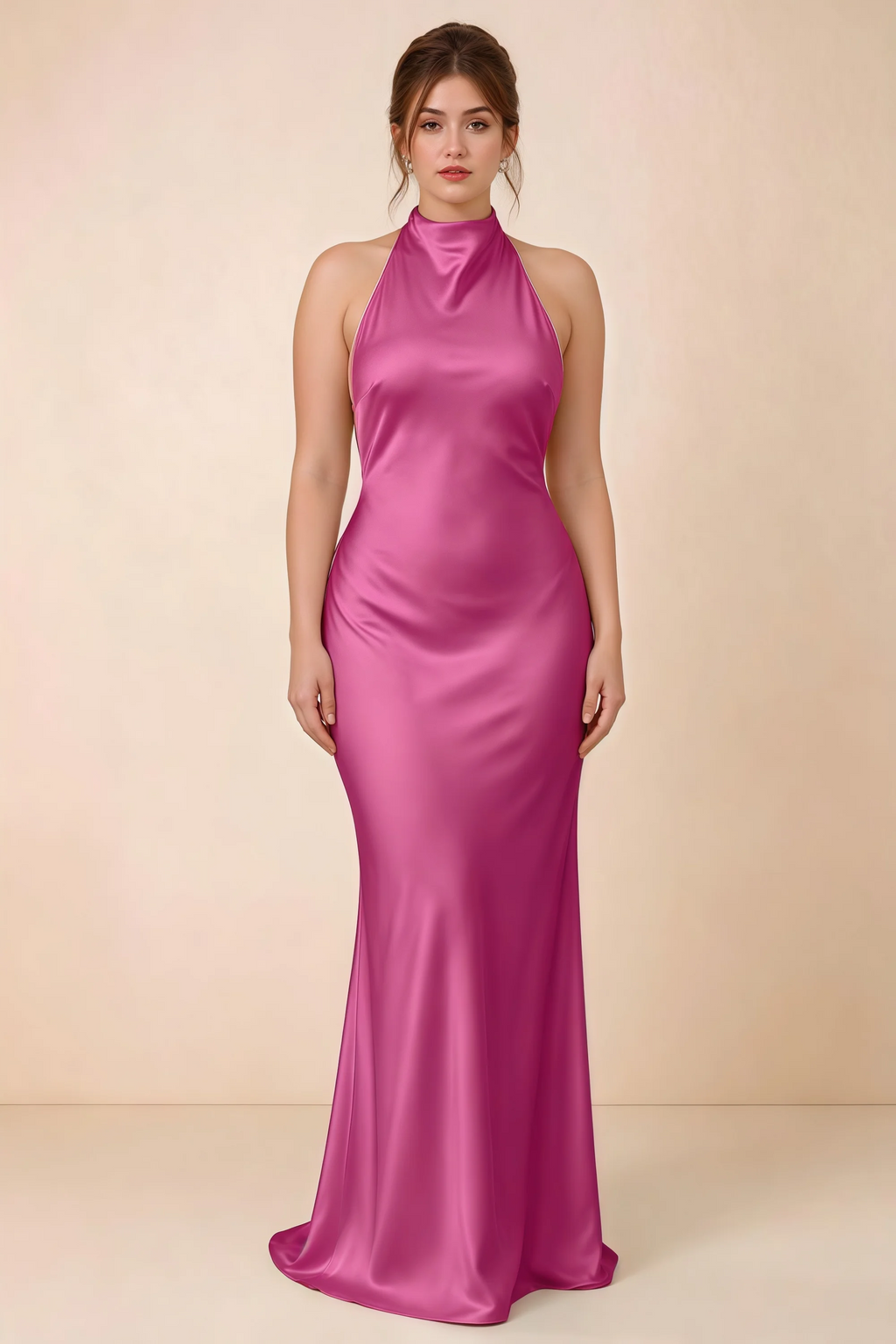 Front full-length view of Astrid fuchsia satin halter maxi dress, showing the maxi hem.