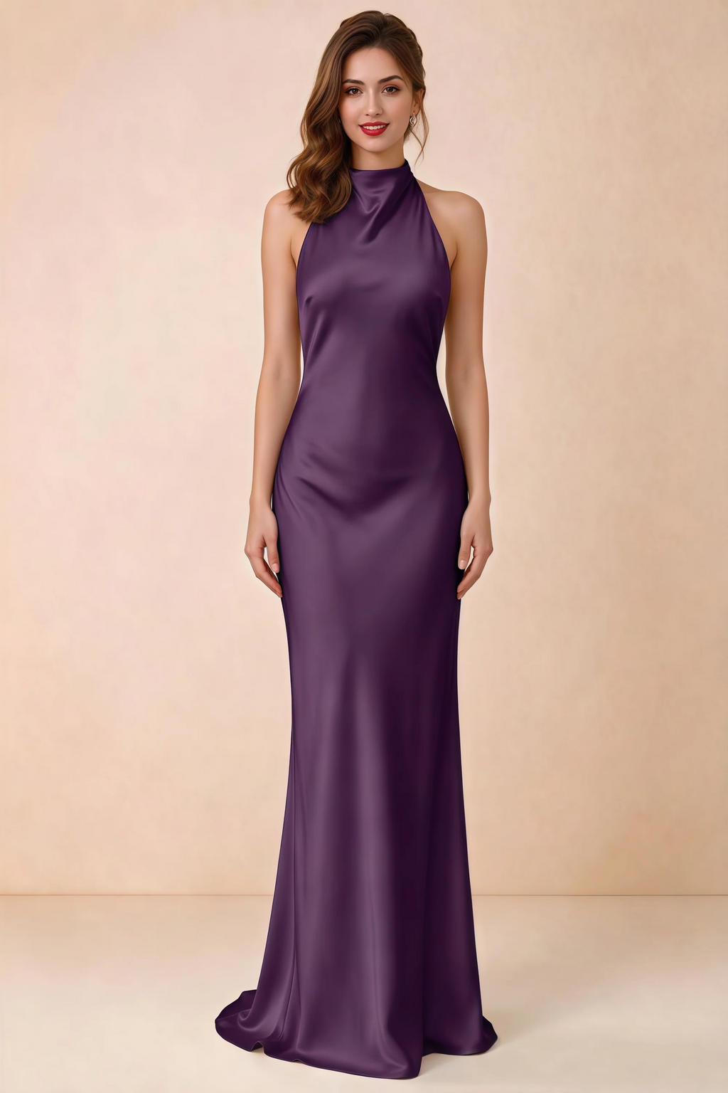 Front view of Astrid grape satin halter maxi dress, showing the neckline and skirt.