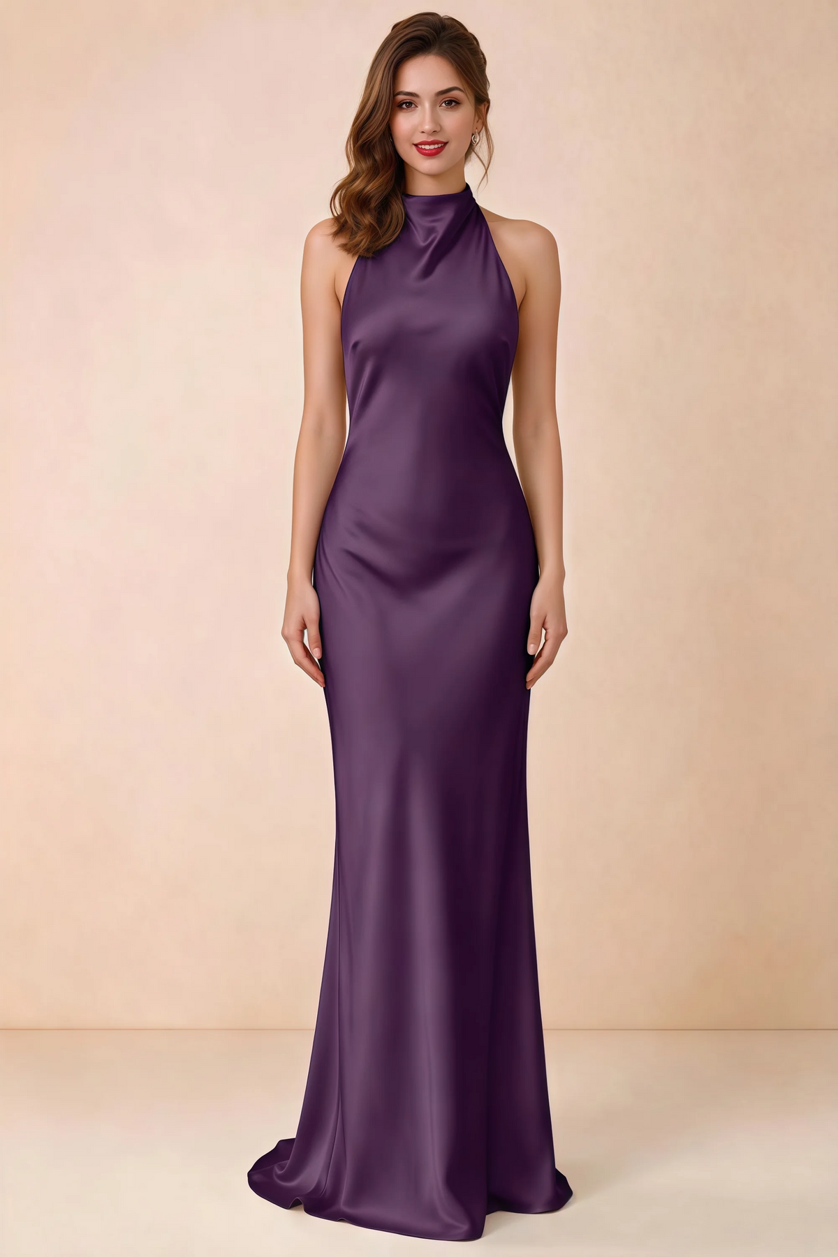 Front view of Astrid grape satin halter maxi dress, showing the neckline and skirt.