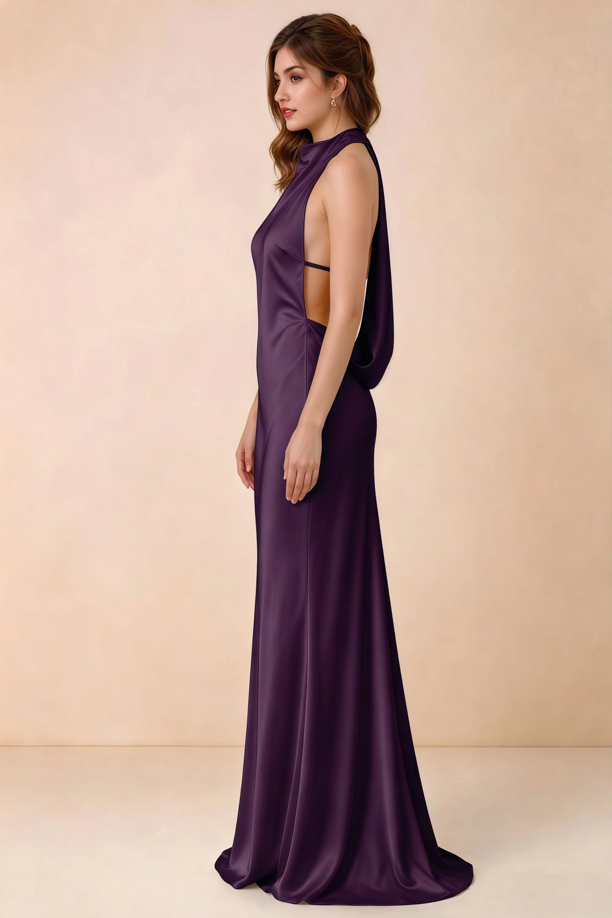 Side view of Astrid grape satin halter maxi dress, showing the side silhouette.