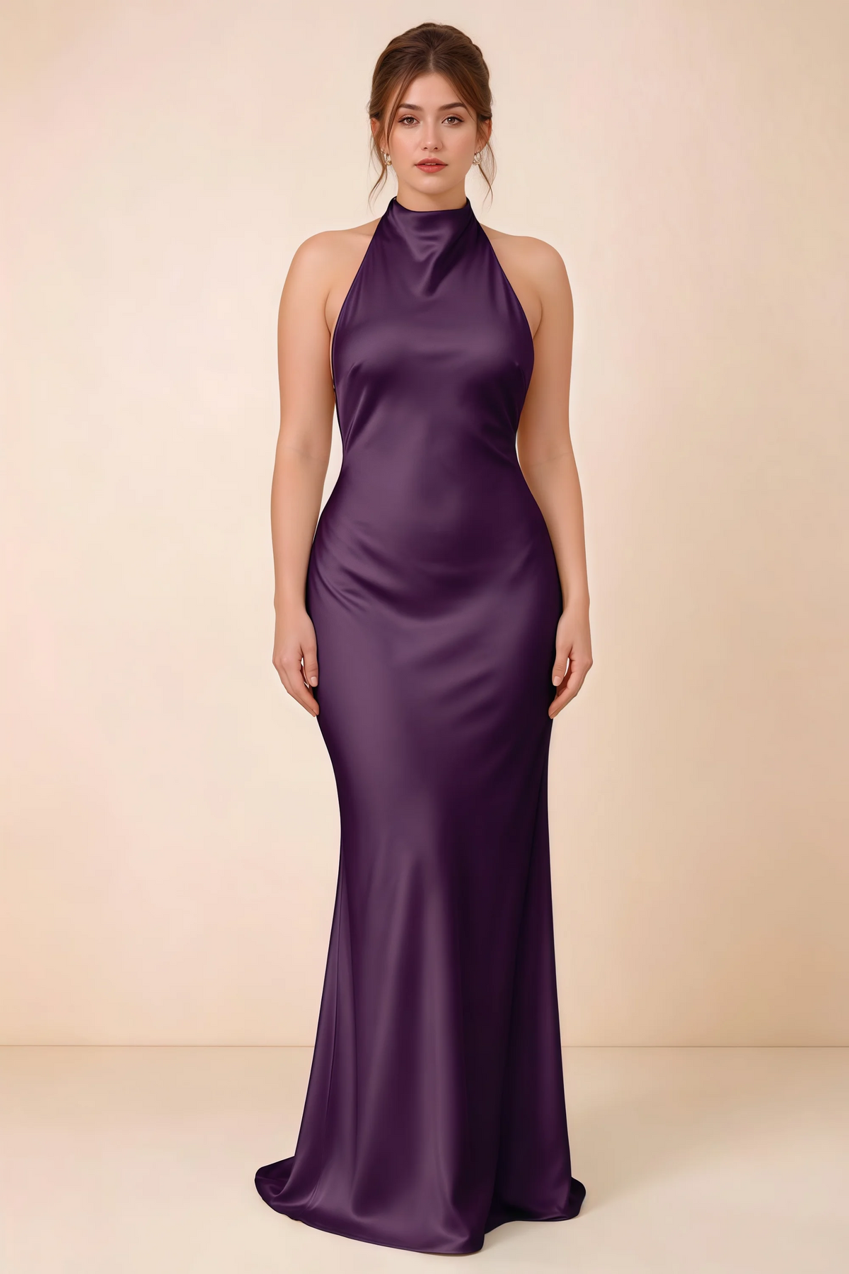 Front full-length view of Astrid grape satin halter maxi dress, highlighting the maxi hem.