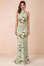 Front view of Astrid green floral halter maxi dress, showing the halter neckline.