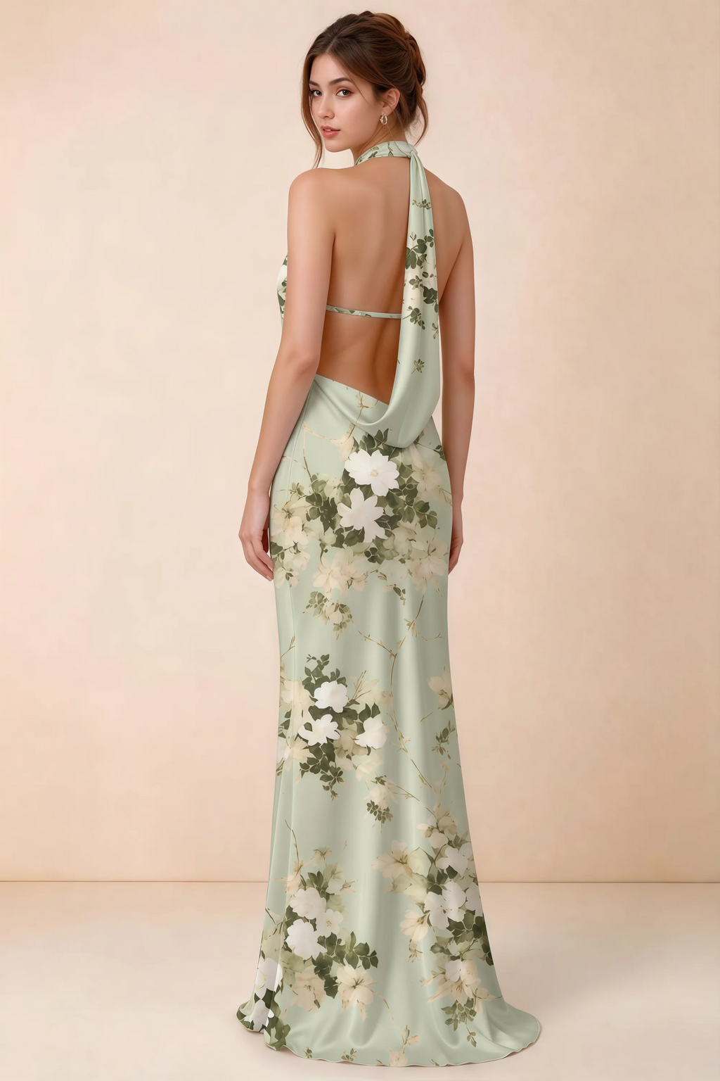 Back view of Astrid green floral halter maxi dress, highlighting the open draped back.