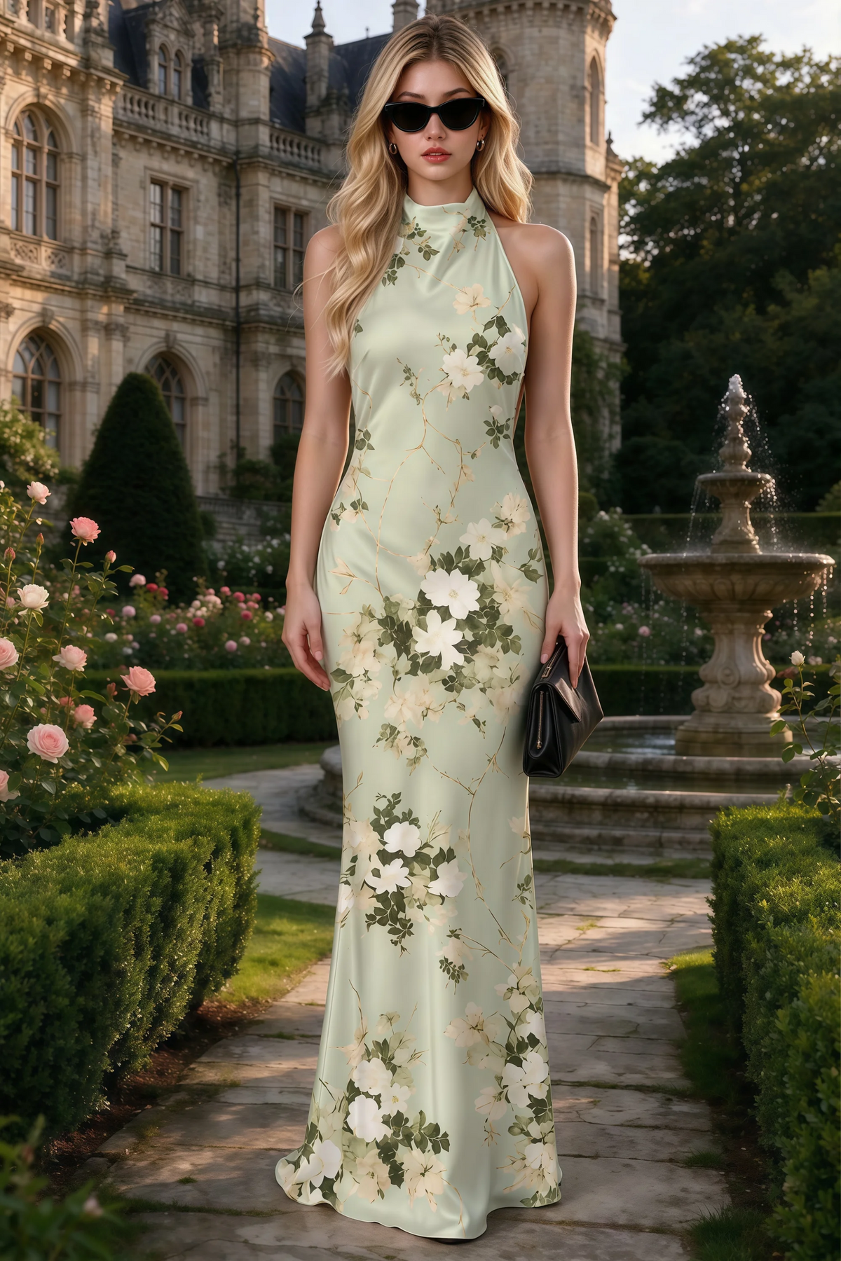 Full-length view of Astrid green floral halter maxi dress, showing the floor-length silhouette.