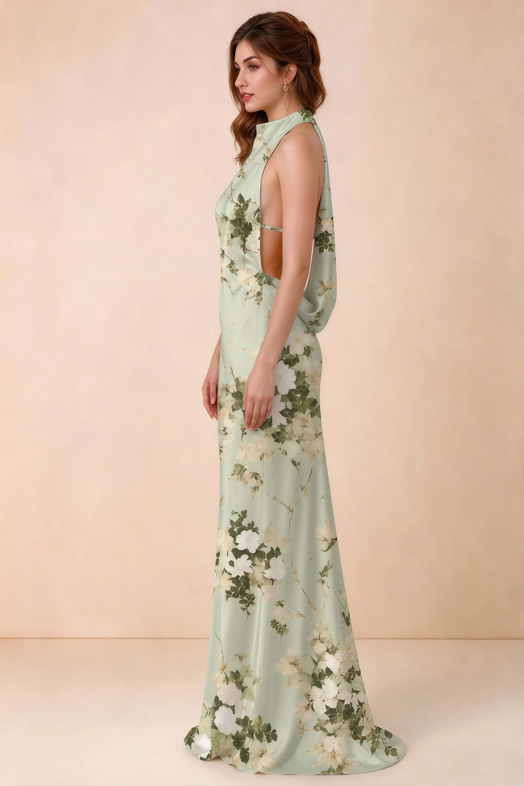 Side view of Astrid green floral halter maxi dress, showing the side profile.