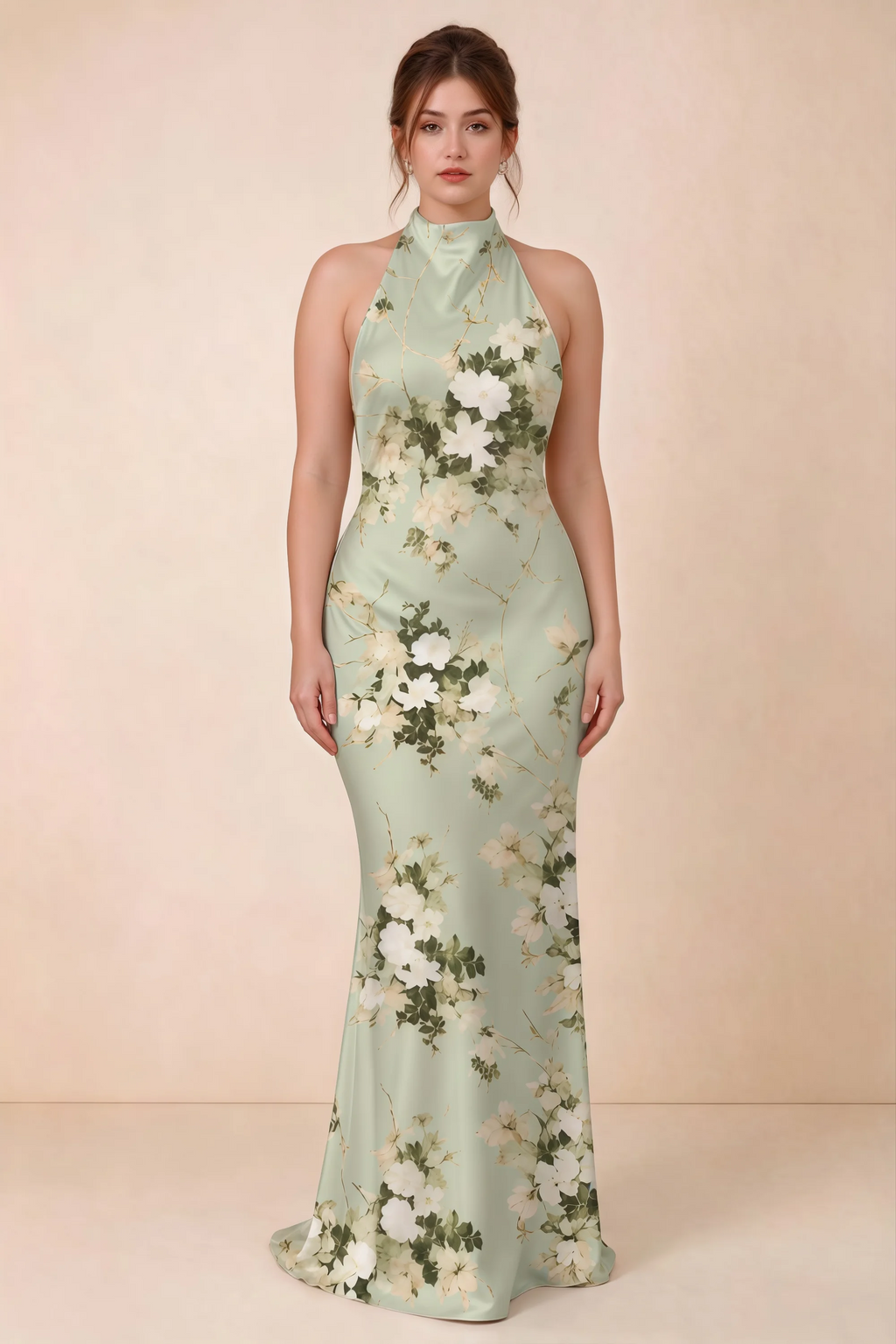 Full-length front view of Astrid green floral halter maxi dress, showing the flowing skirt.