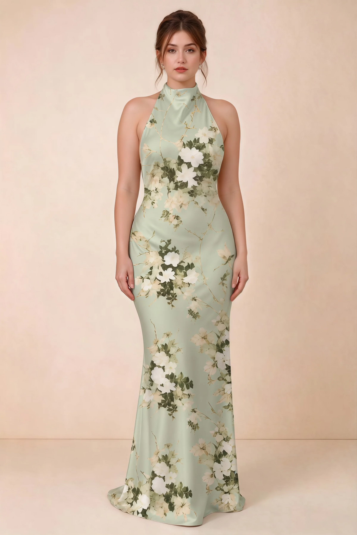 Full-length front view of Astrid green floral halter maxi dress, showing the flowing skirt.