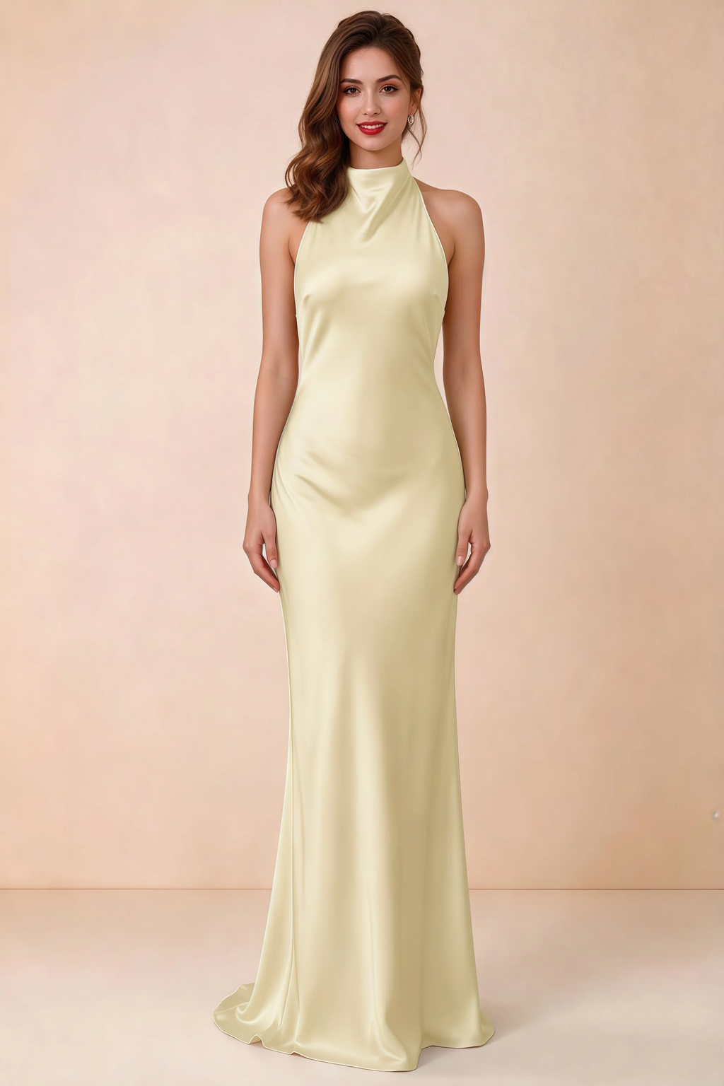 Front view of Astrid lemon satin halter maxi dress, showing the neckline and skirt.