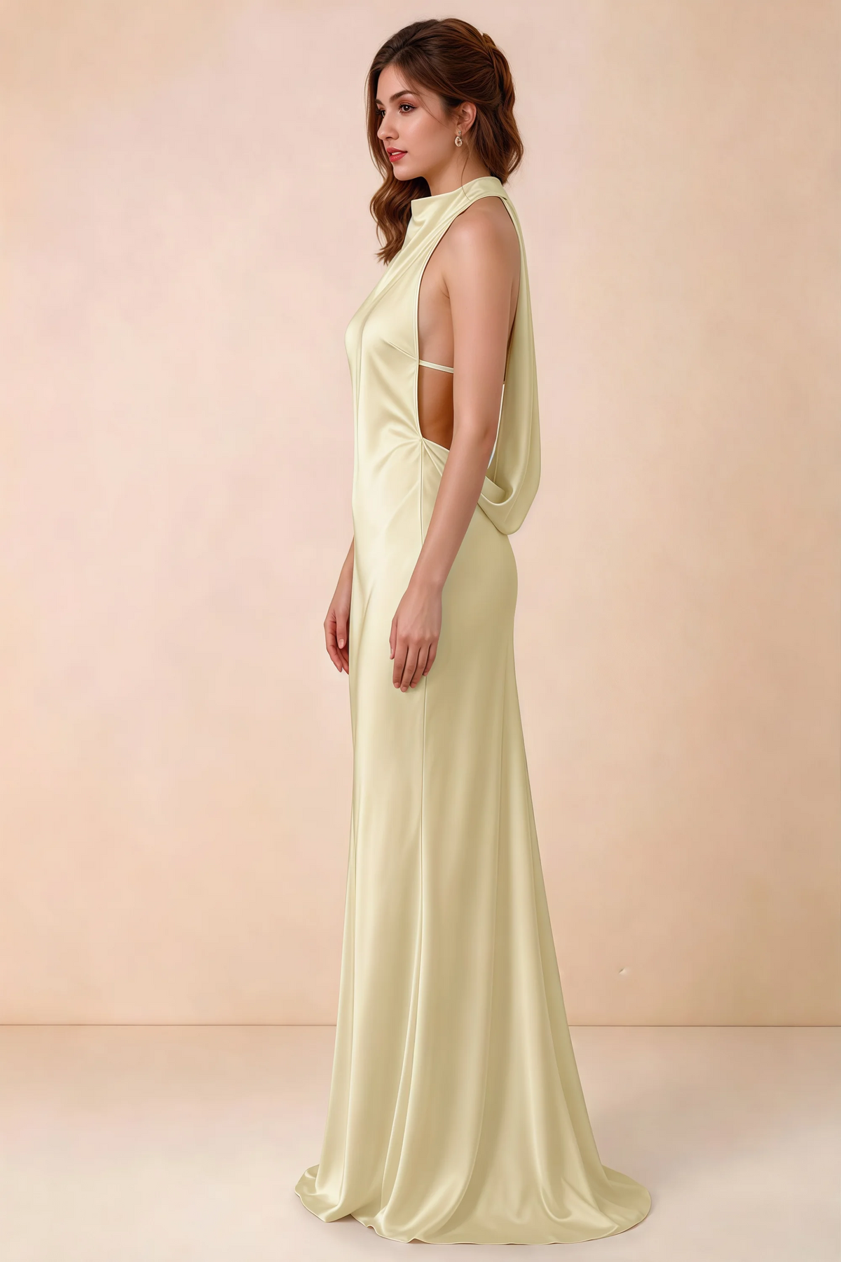 Side view of Astrid lemon satin halter maxi dress, showing the side silhouette.