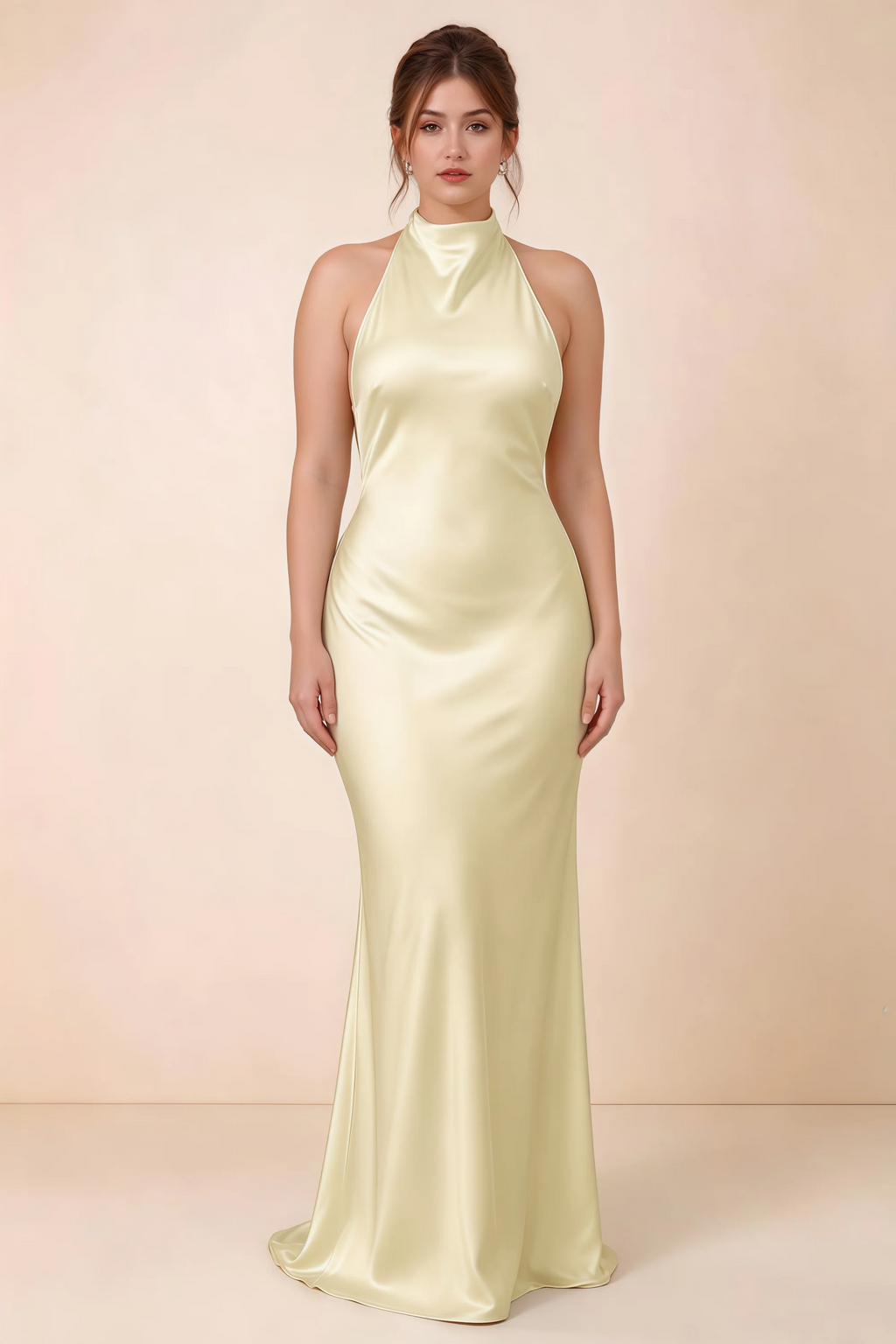 Front full-length view of Astrid lemon satin halter maxi dress, highlighting the maxi hem.