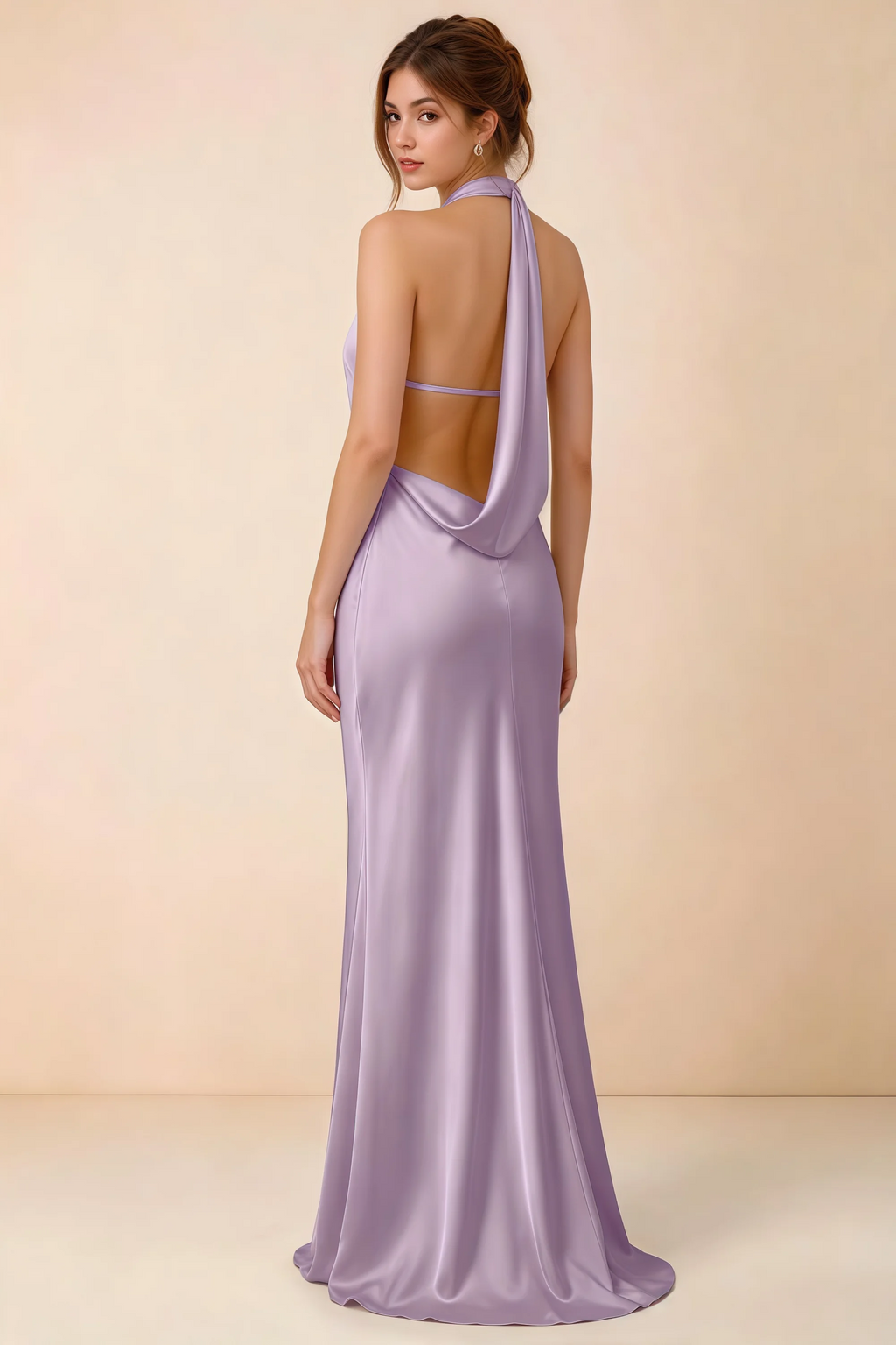Back view of Astrid lilac satin halter maxi dress, highlighting the draped open back.