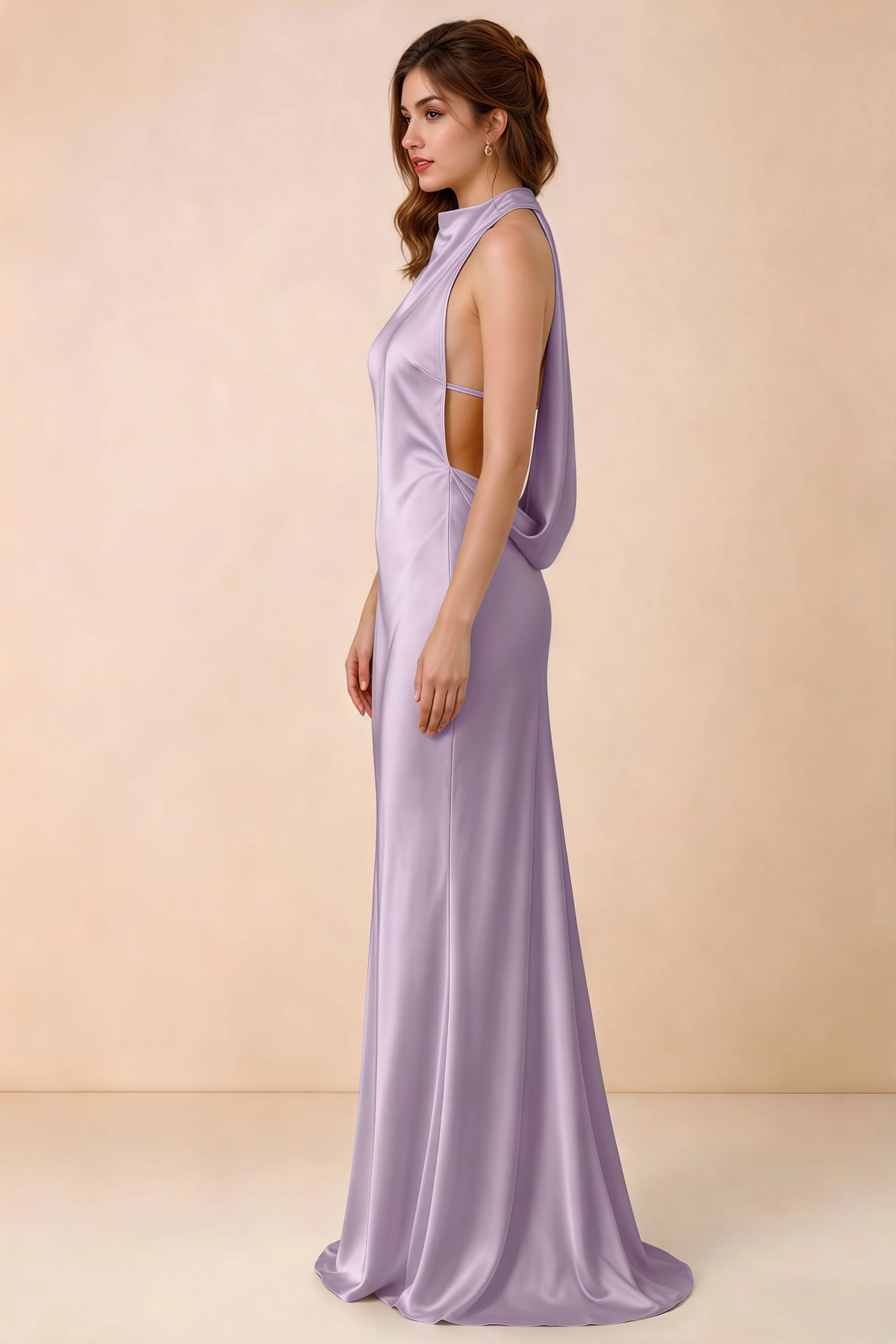 Side view of Astrid lilac satin halter maxi dress, showing the side silhouette.