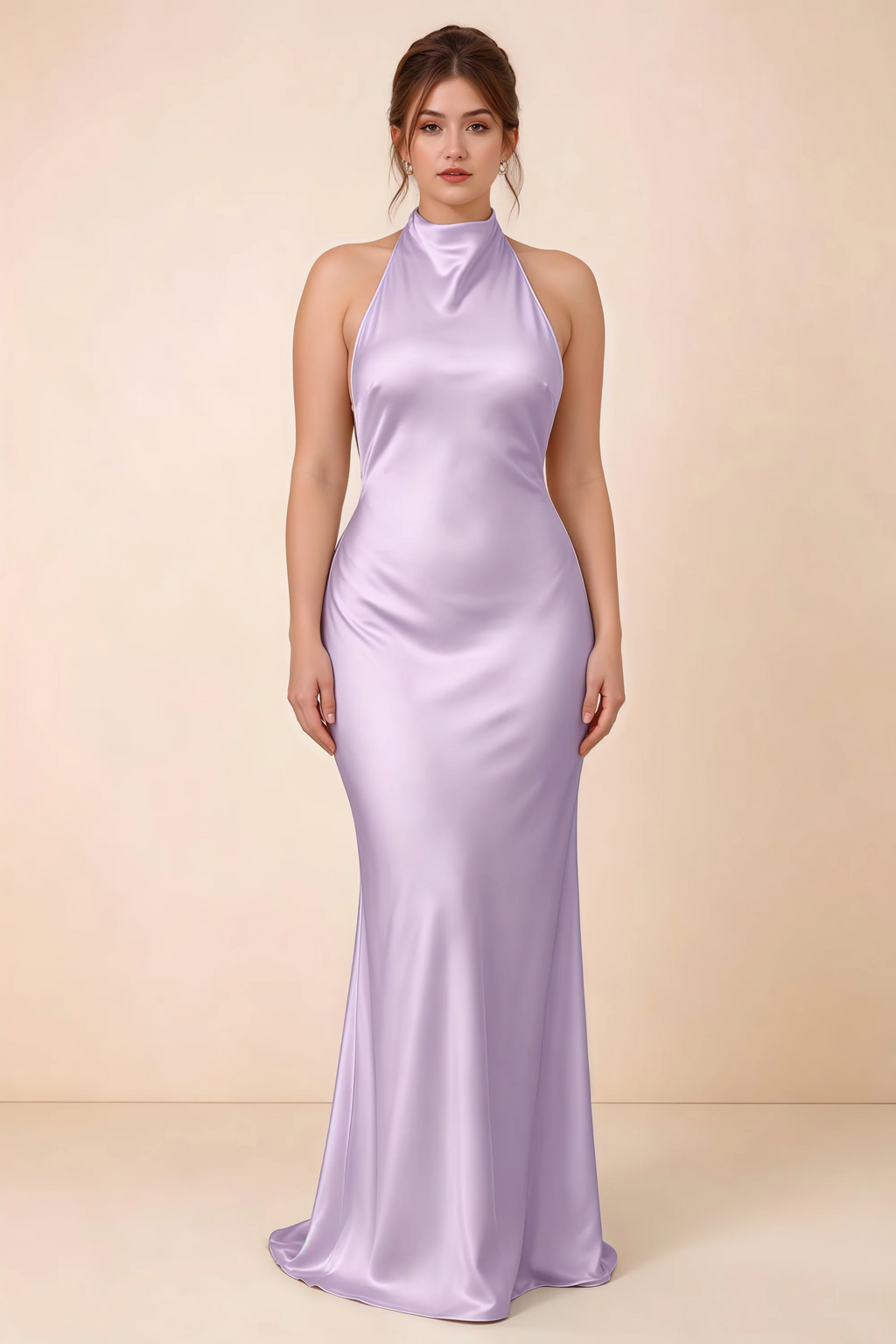 Front full-length view of Astrid lilac satin halter maxi dress, highlighting the maxi hem.