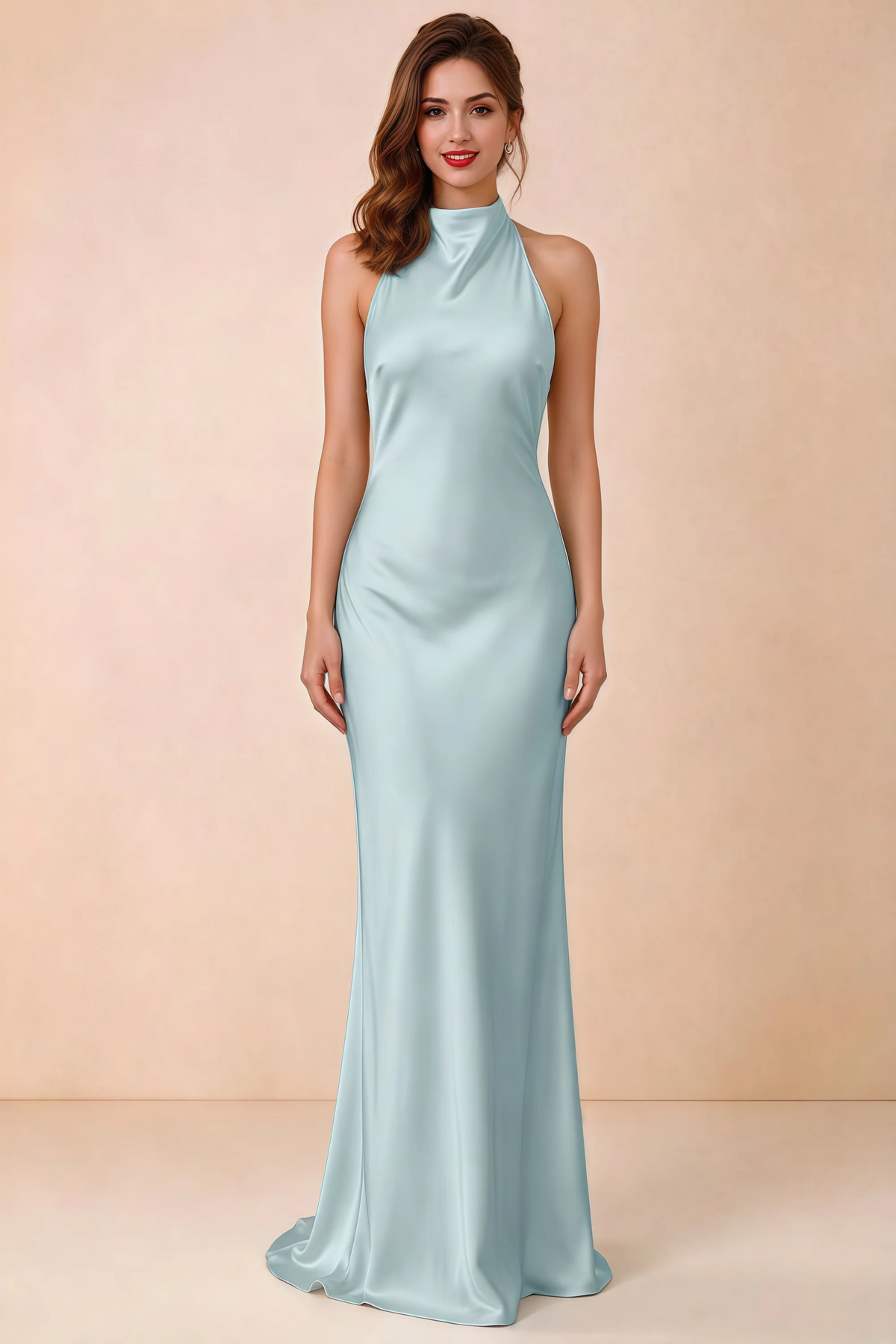 Front view of Astrid mist satin halter maxi dress, showing the neckline and skirt.