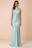 Front view of Astrid mist satin halter maxi dress, showing the neckline and skirt.
