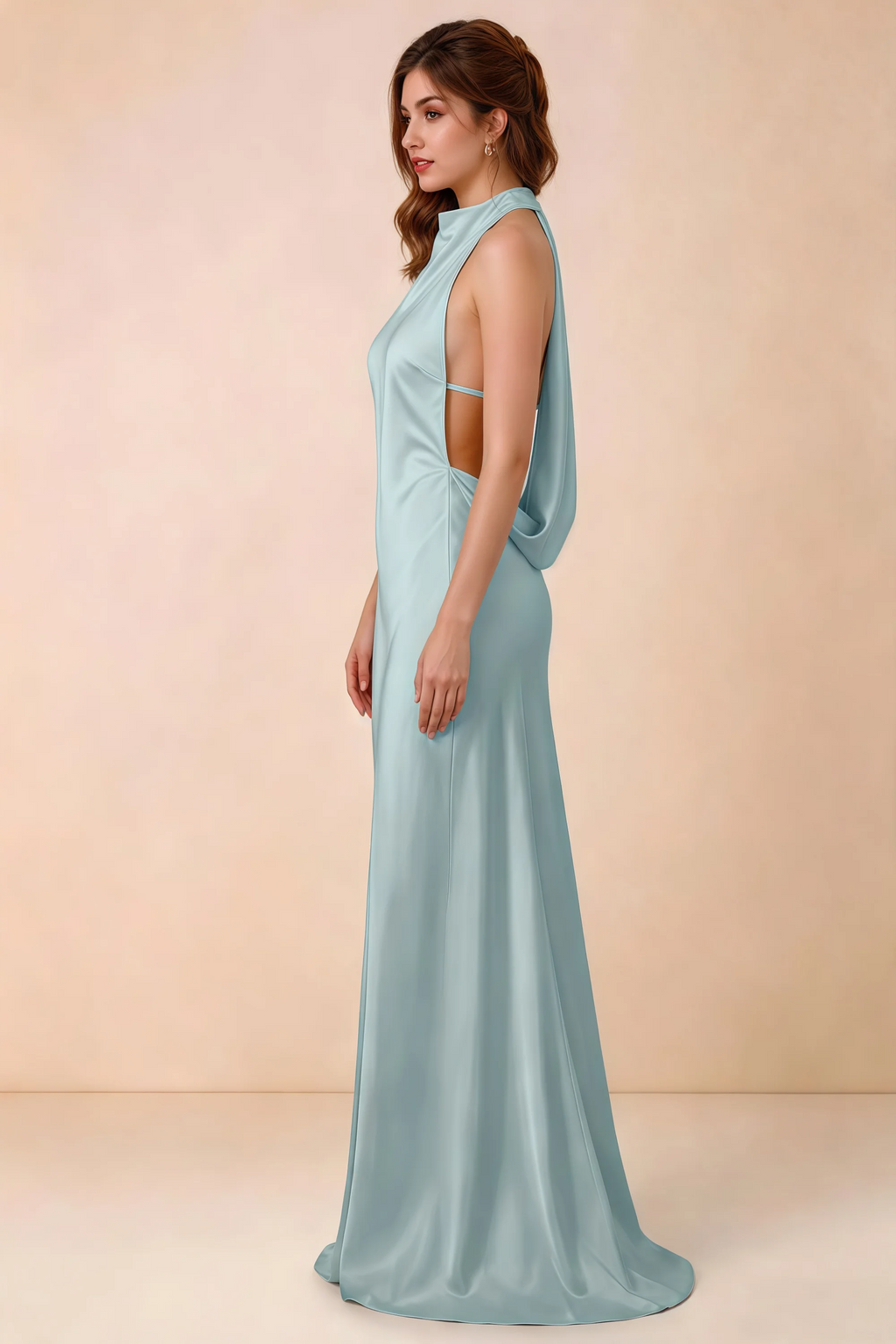 Side view of Astrid mist satin halter maxi dress, showing the side silhouette.