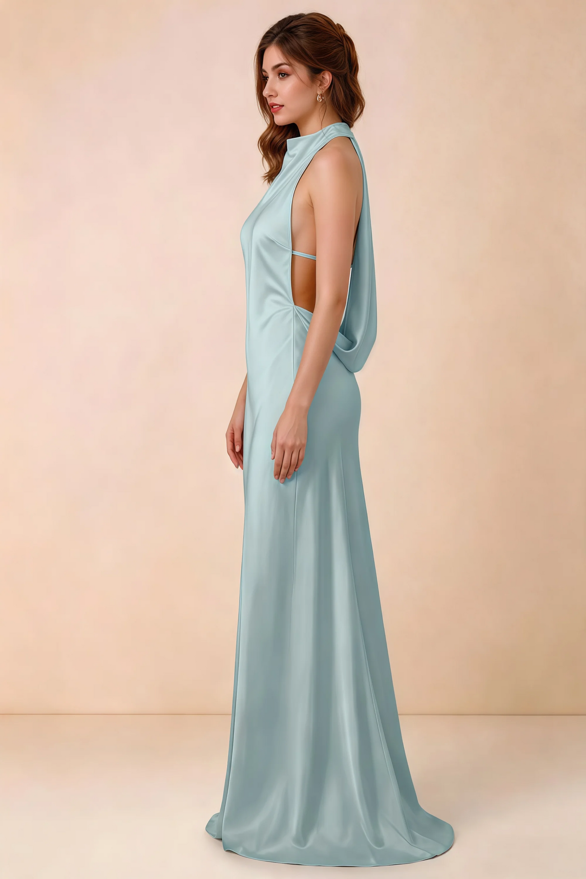 Side view of Astrid mist satin halter maxi dress, showing the side silhouette.